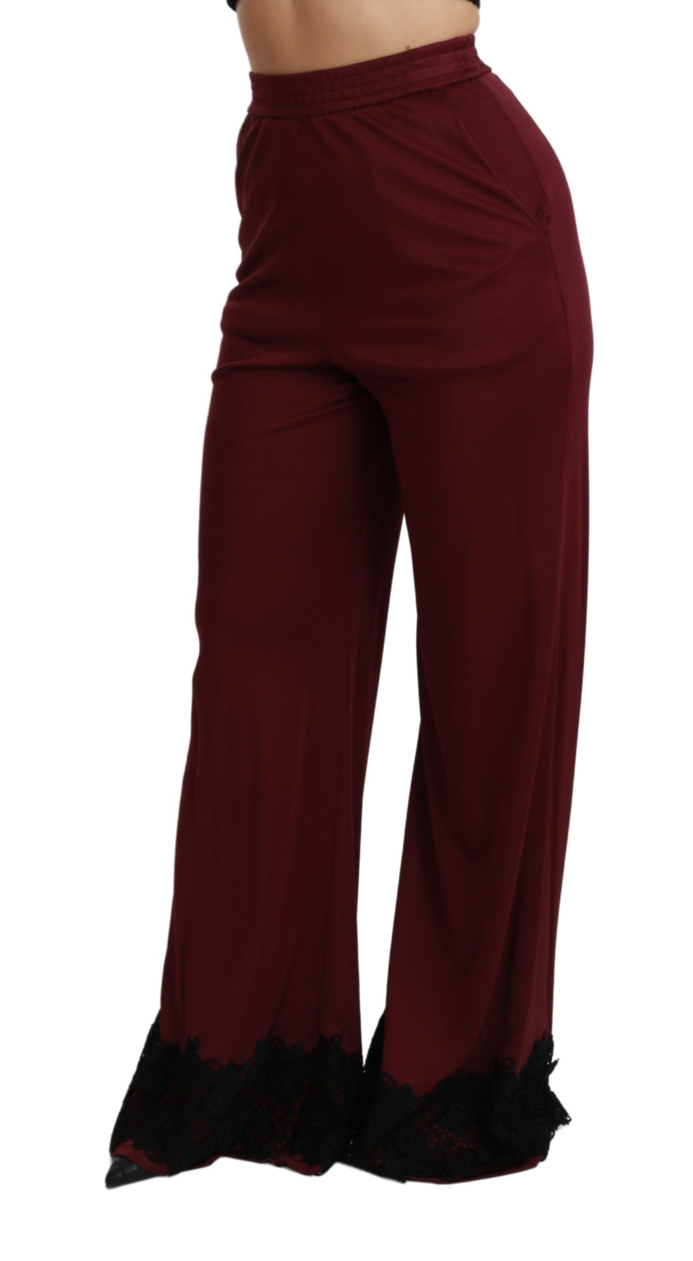 Dolce & Gabbana Black Lace High Waist Wide Leg Maroon Pants