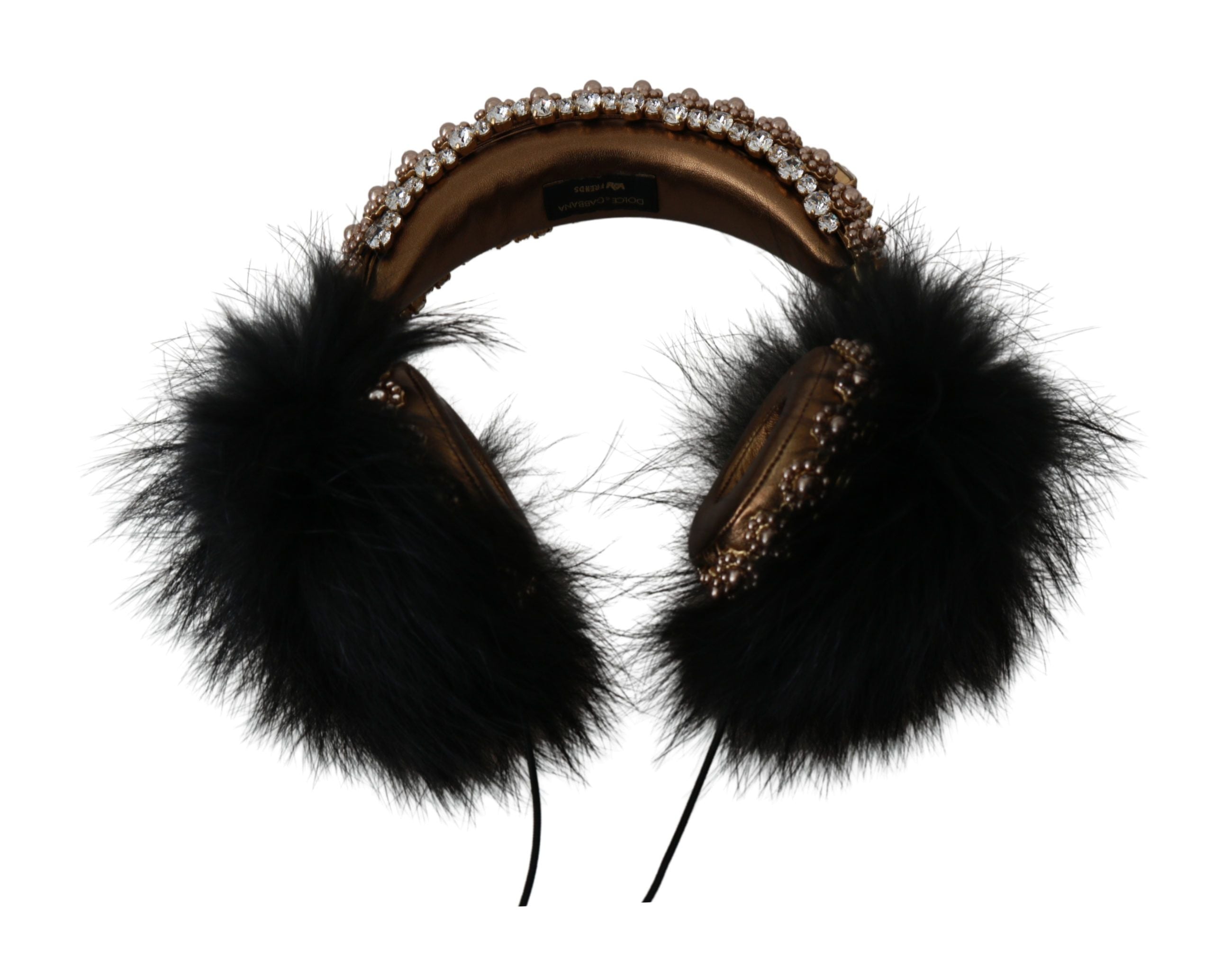 Dolce & Gabbana Gold Black Crystal Fur Headset Audio Headphones