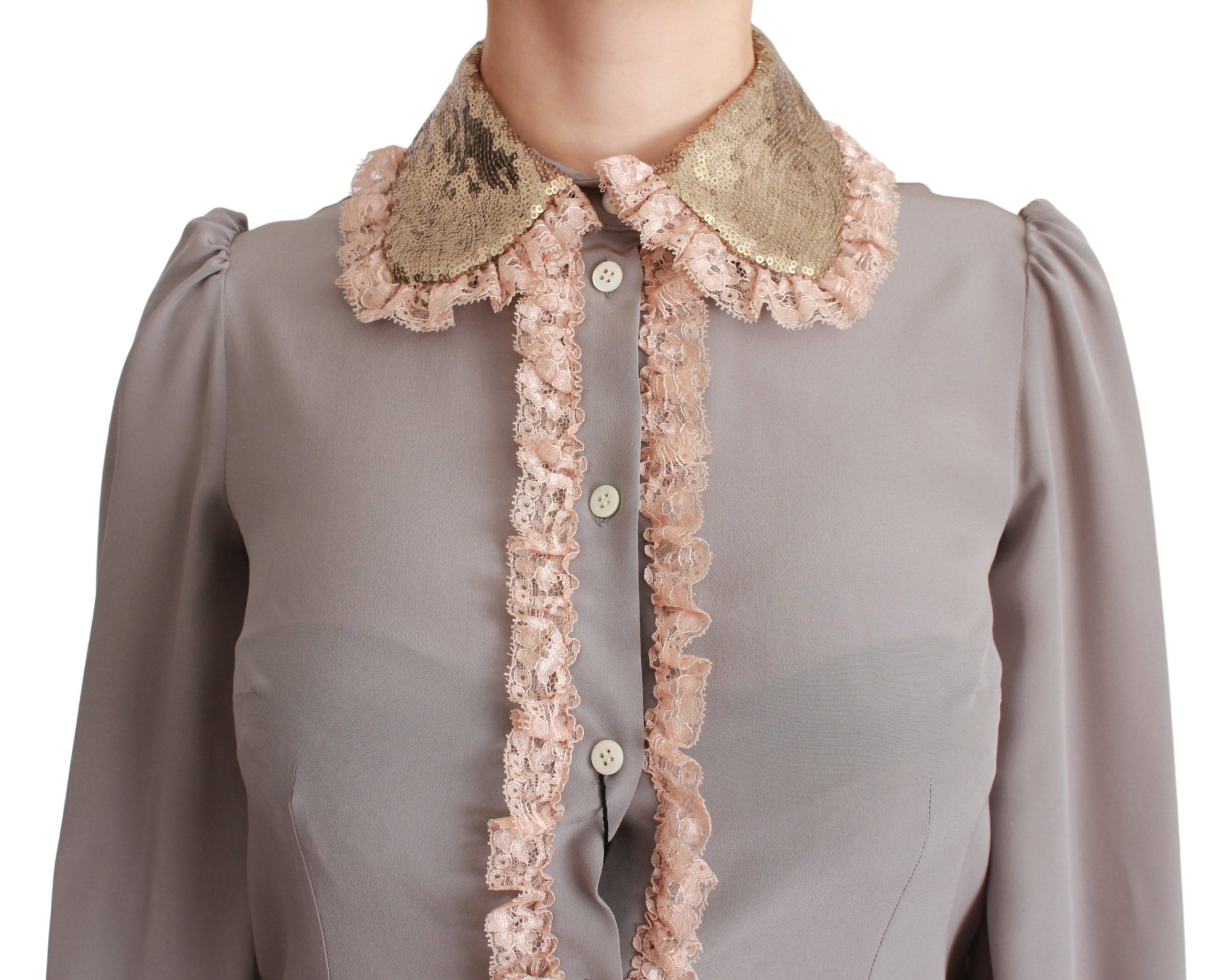 Dolce & Gabbana Gray Silk Gold Sequin Lace Blouse Shirt