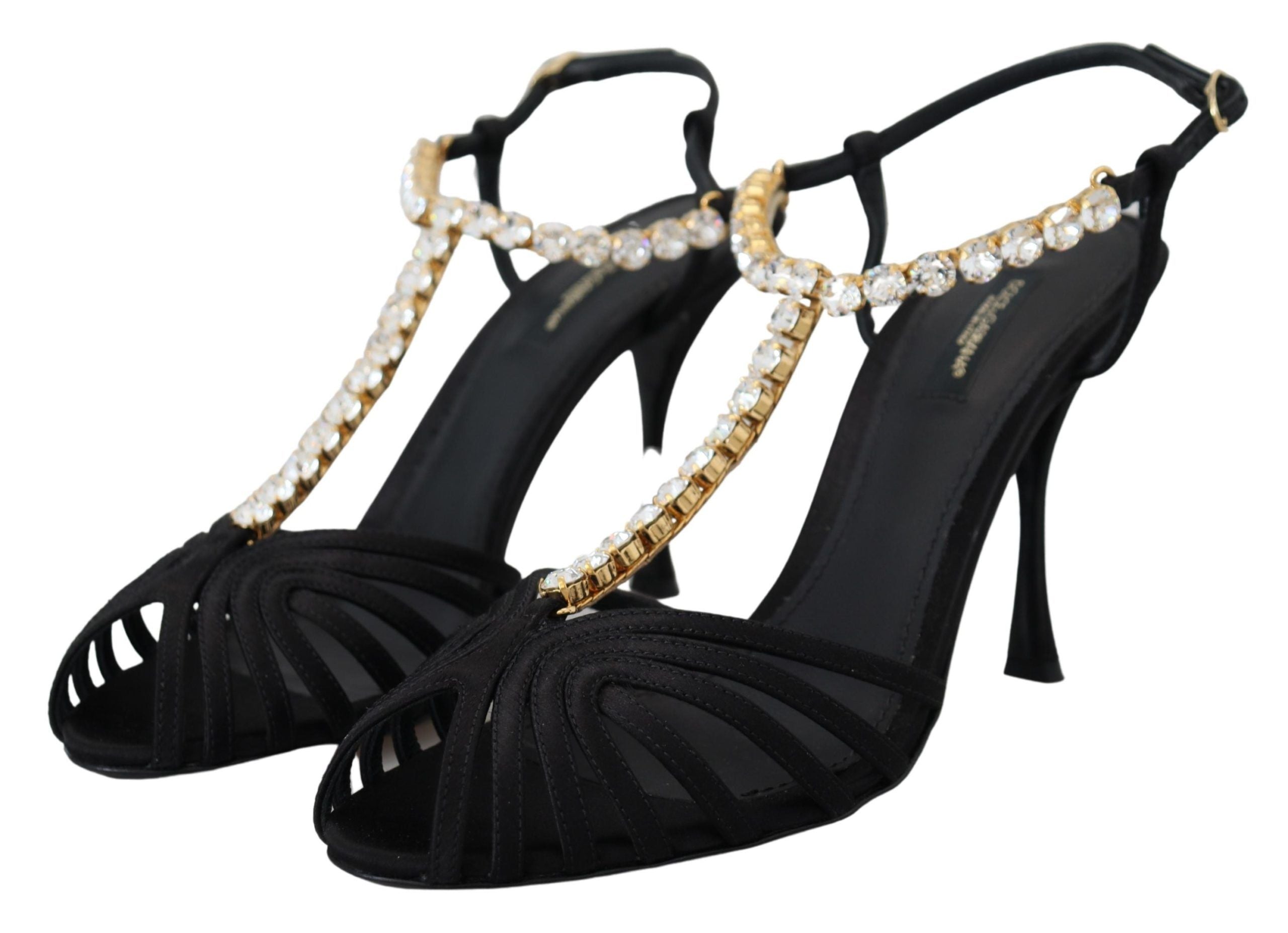 Dolce & Gabbana Black Satin Clear Crystal T-strap Sandal Shoes
