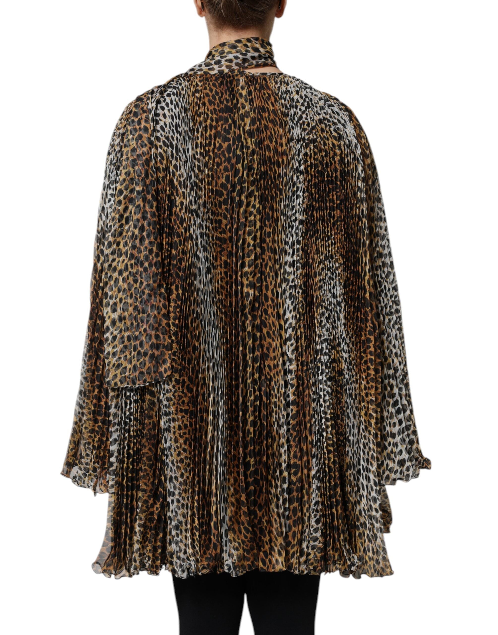 Dolce & Gabbana Brown Leopard Print Scarf Collared Chiffon Dress