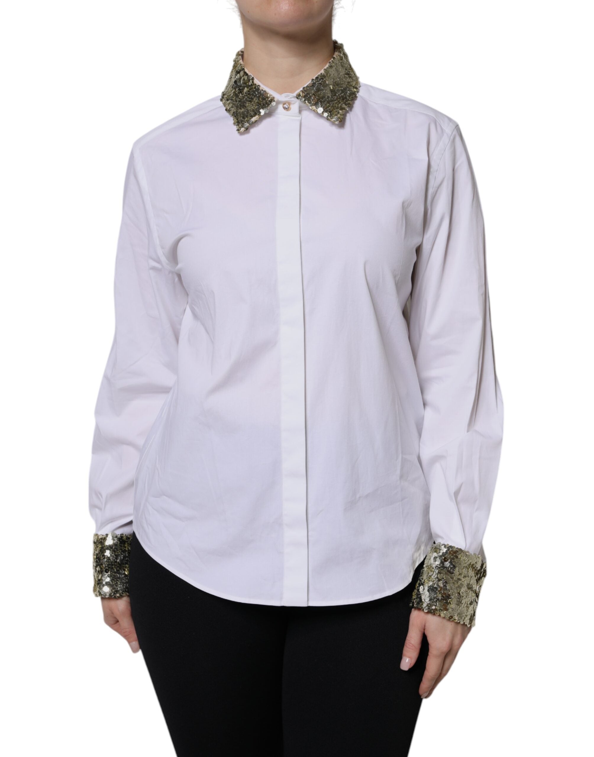 Dolce & Gabbana White Cotton Long Sleeves Sequin Shirt Top