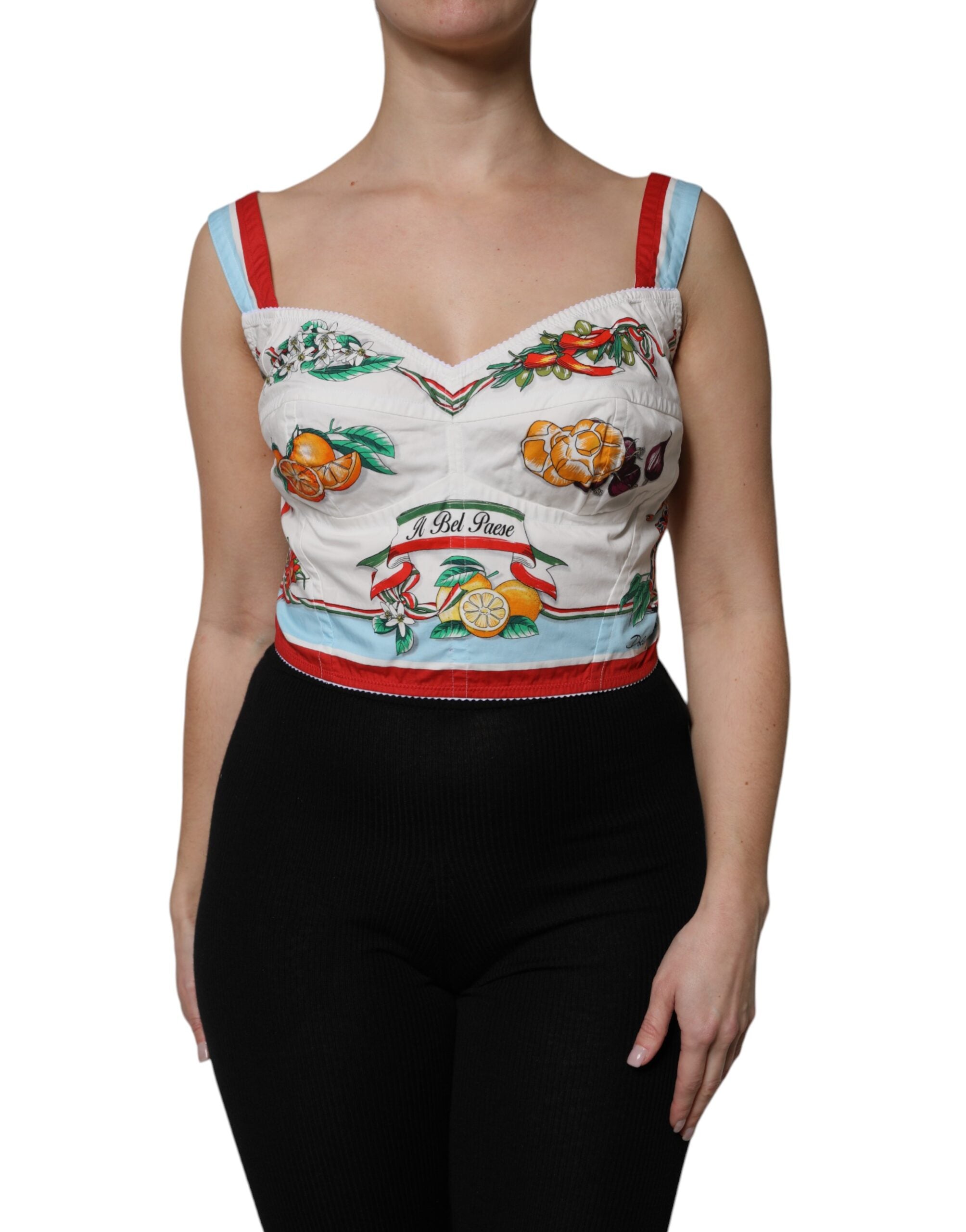 Dolce & Gabbana White Vegetable Print Sweetheart Cropped Top