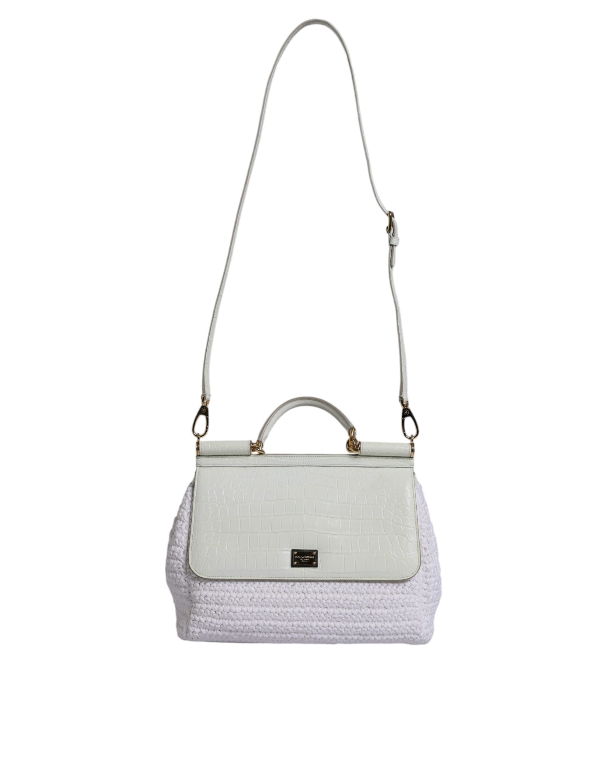 Dolce & Gabbana White Rafia Leather Top Handle Crossbody Bag