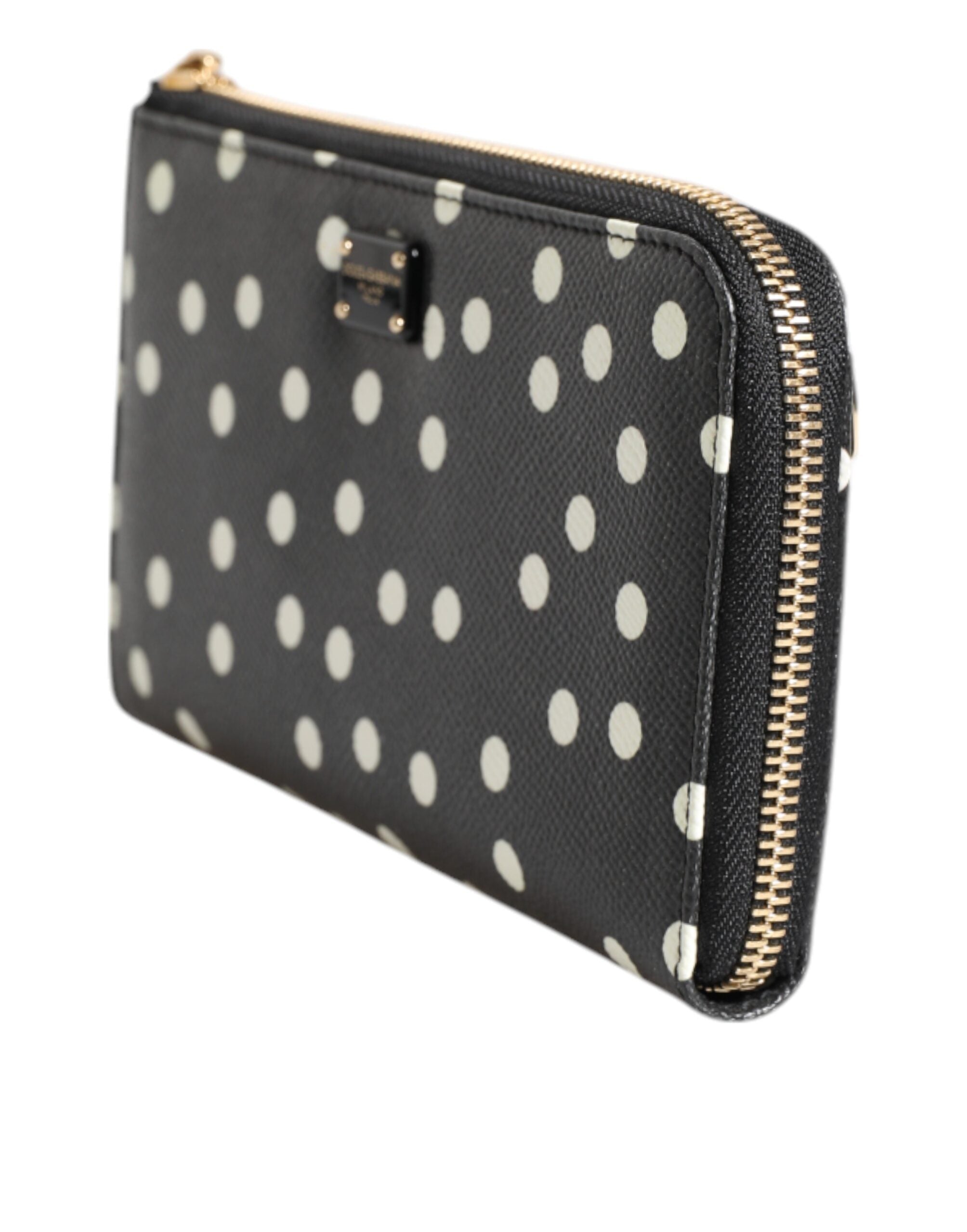 Dolce & Gabbana Black White Dotted Leather Zip Around Continental Wallet