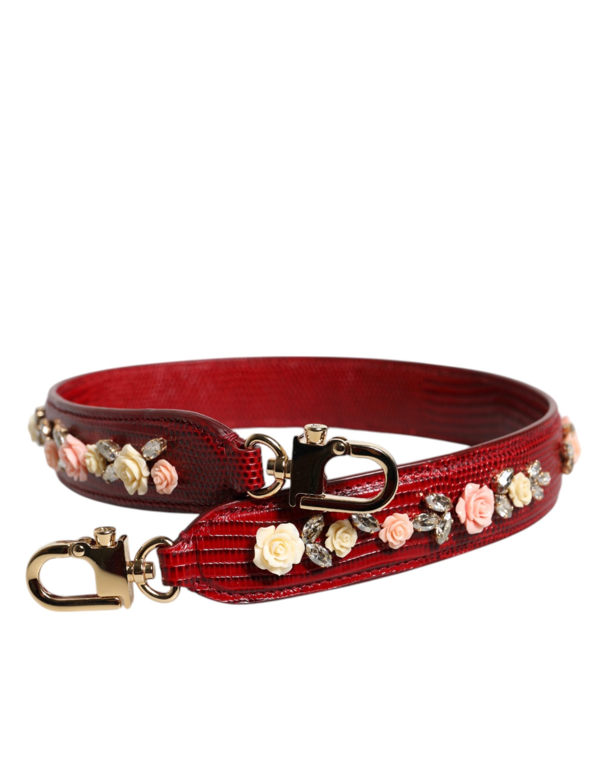 Dolce & Gabbana Red Leather Floral Embellish Bag Shoulder Strap