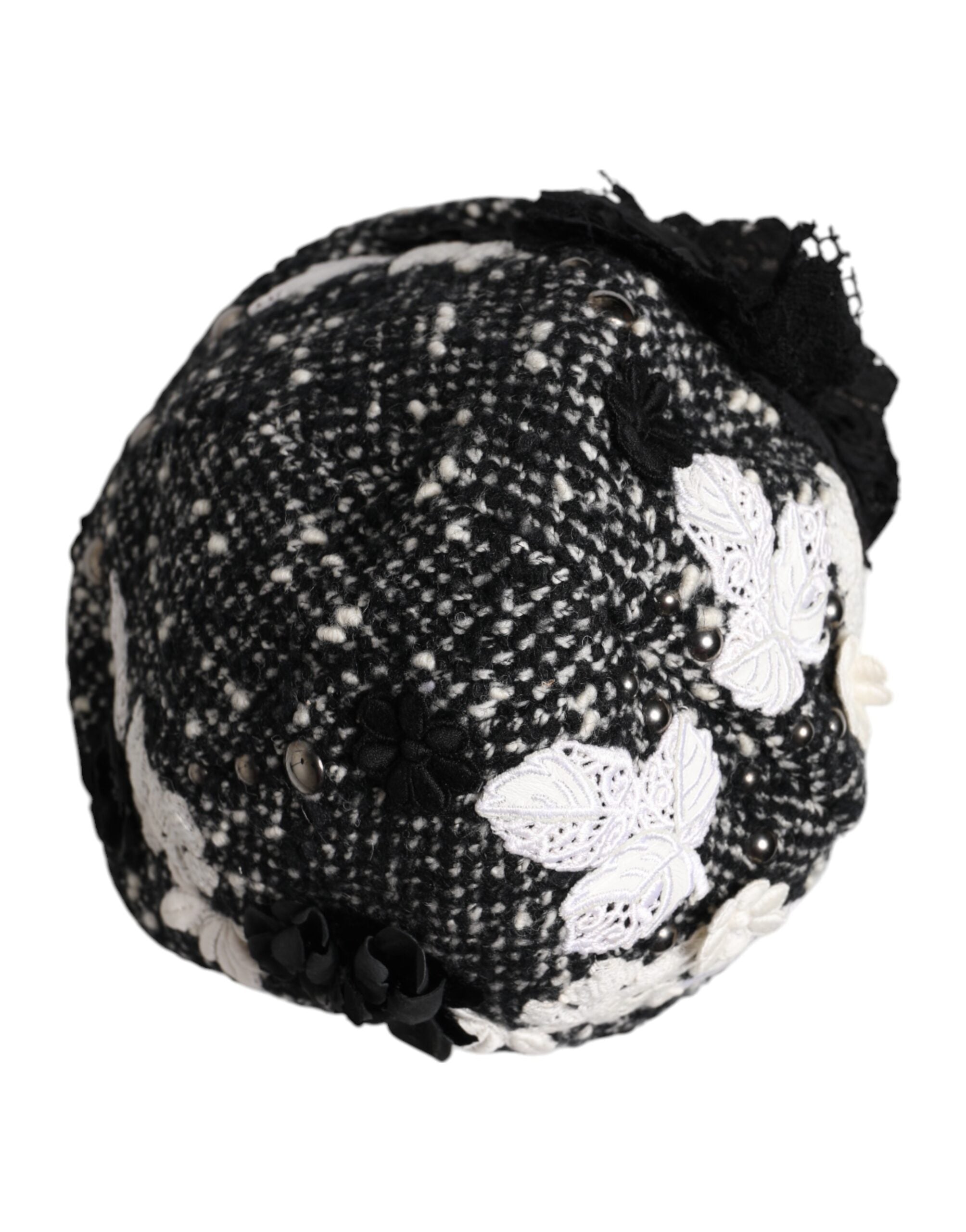 Dolce & Gabbana Black Wool White Floral Embellished Cloche Hat