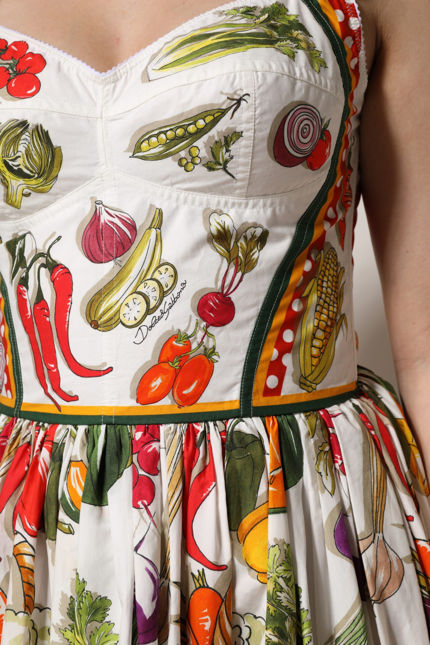 Dolce & Gabbana White Vegetables Sleeveless A-line Midi Dress