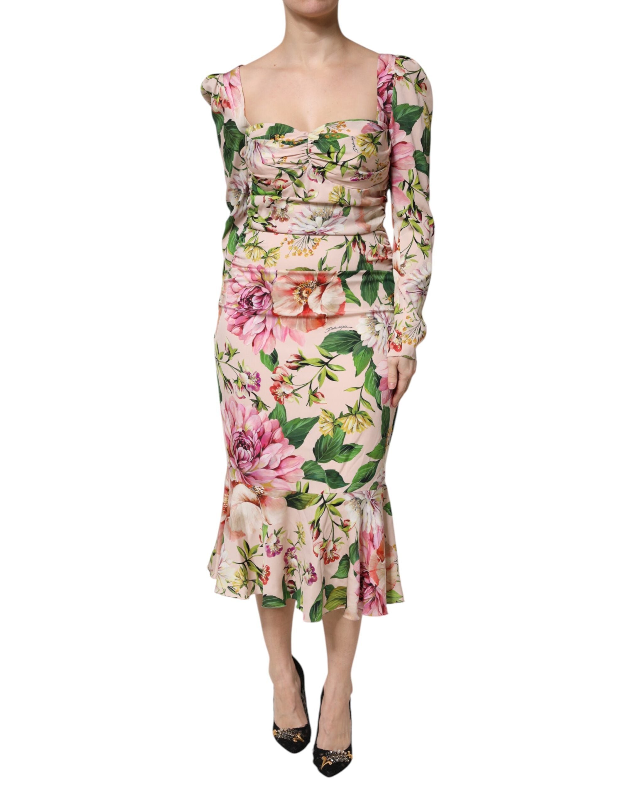 Dolce & Gabbana Pink Floral Silk Fit And Flared Midi Dress