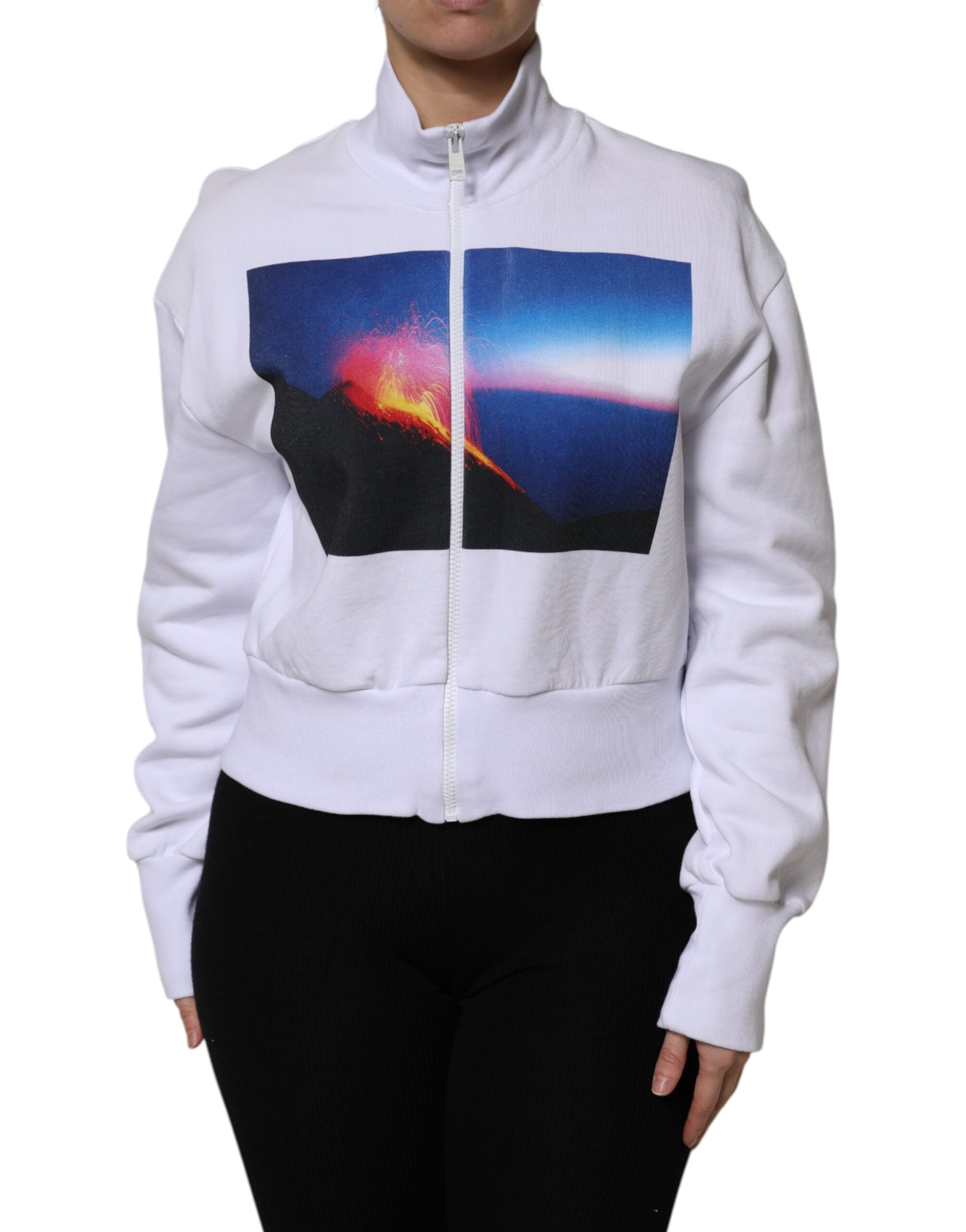 MSGM White Graphic Print Cotton Long Sleeves Full Zip Bomber Jacket