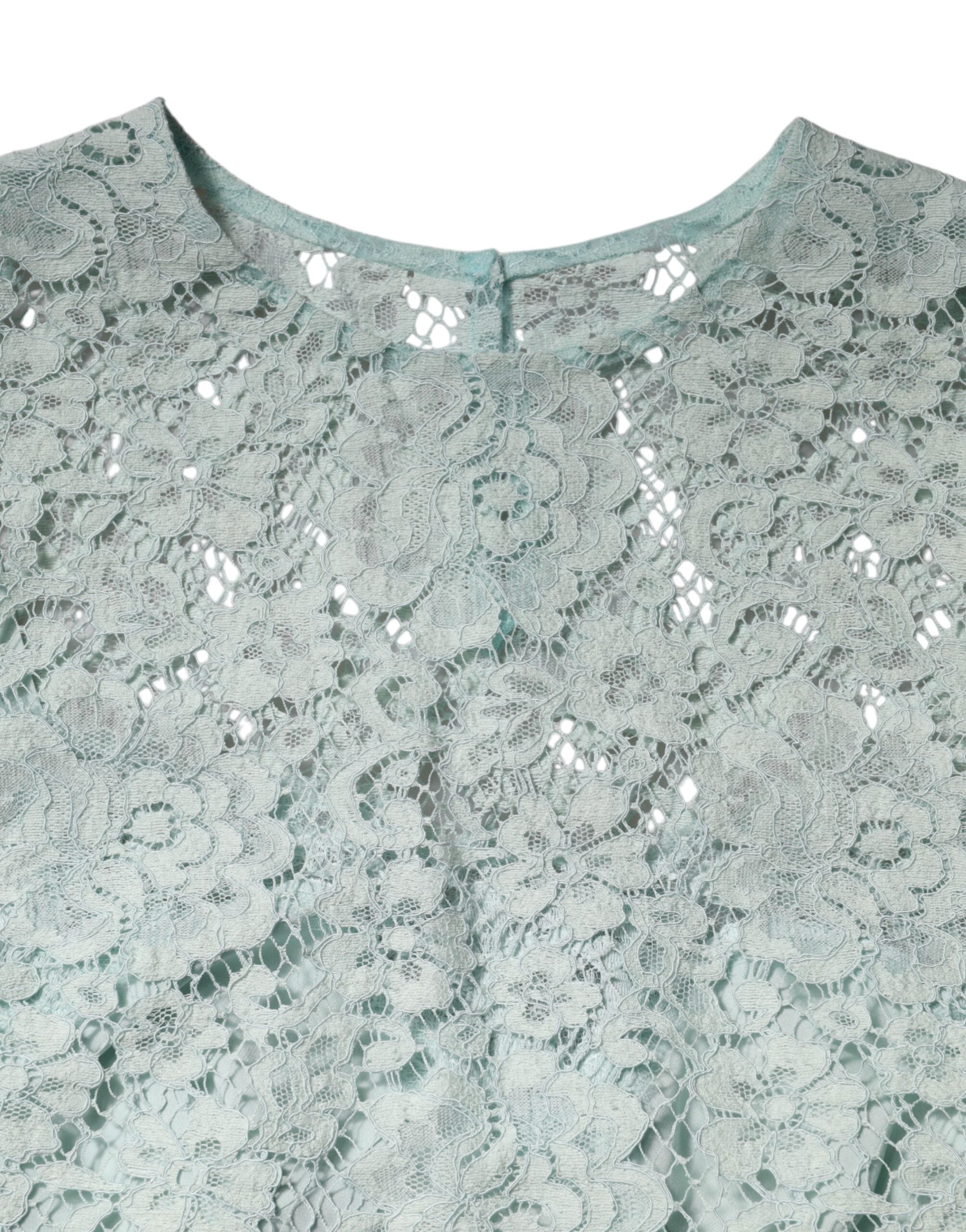 Dolce & Gabbana Mint Green Floral Lace Cotton Blouse Top