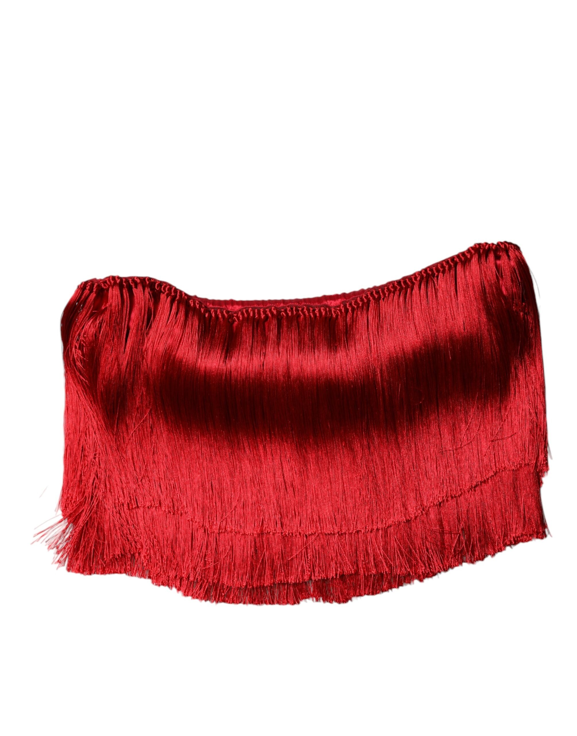 Dolce & Gabbana Red Silk Strapless Fringe Crop Tube Top