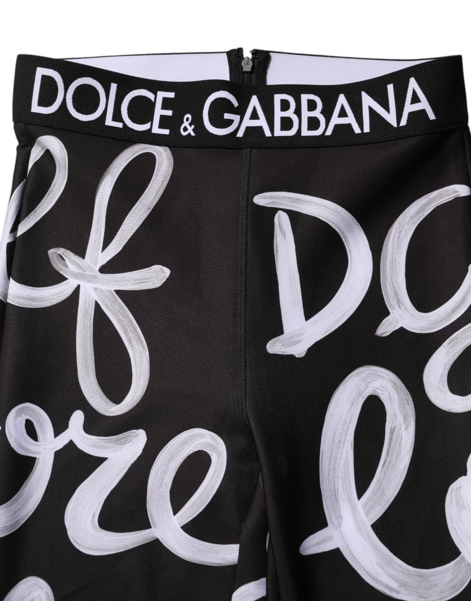 Dolce & Gabbana Black Polyester Logo Print Mid Waisted Pants