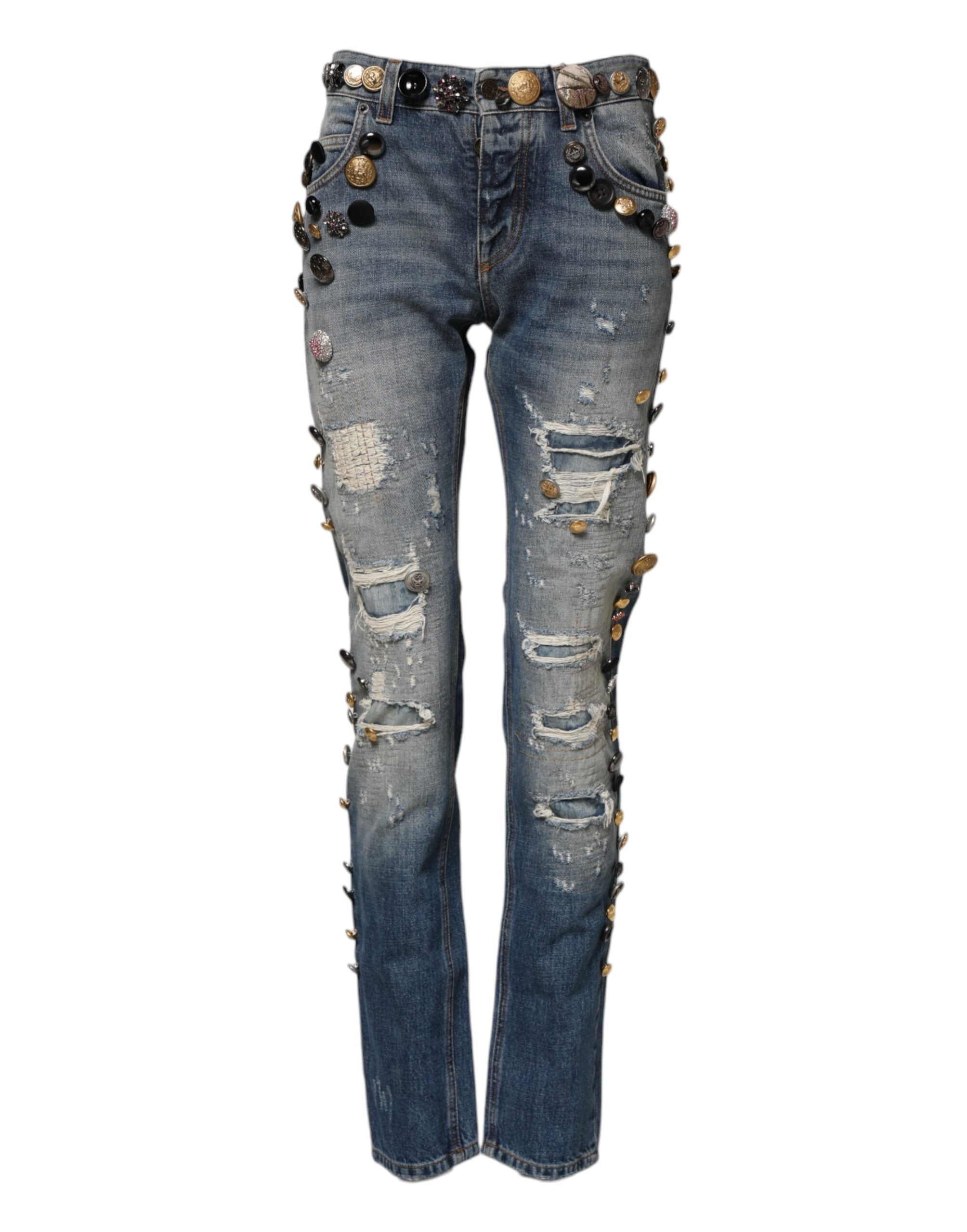 Dolce & Gabbana Blue Embellished Tattered SkinnyDenim Jeans
