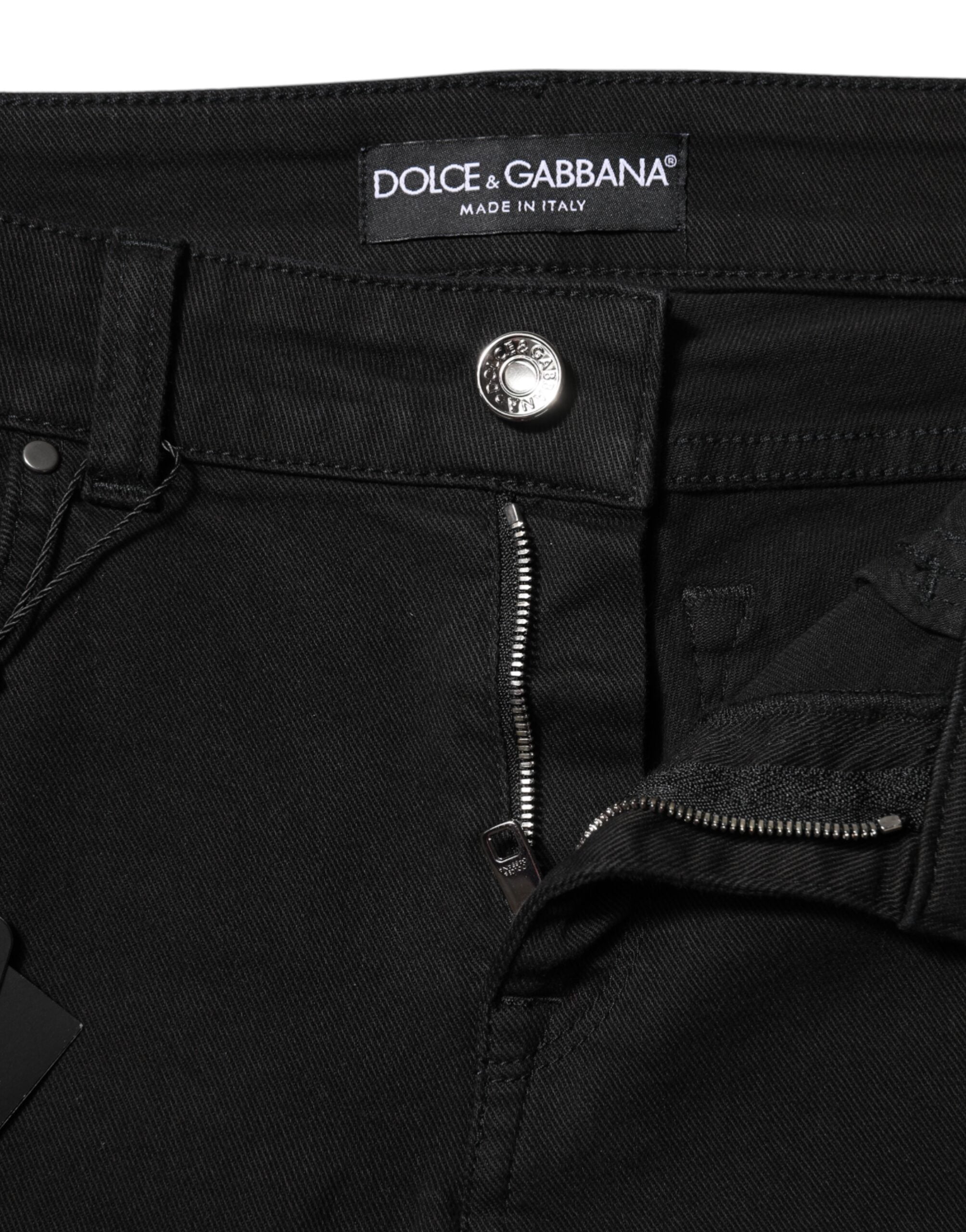 Dolce & Gabbana Black Cotton Logo Skinny Mid Waist Denim Jeans