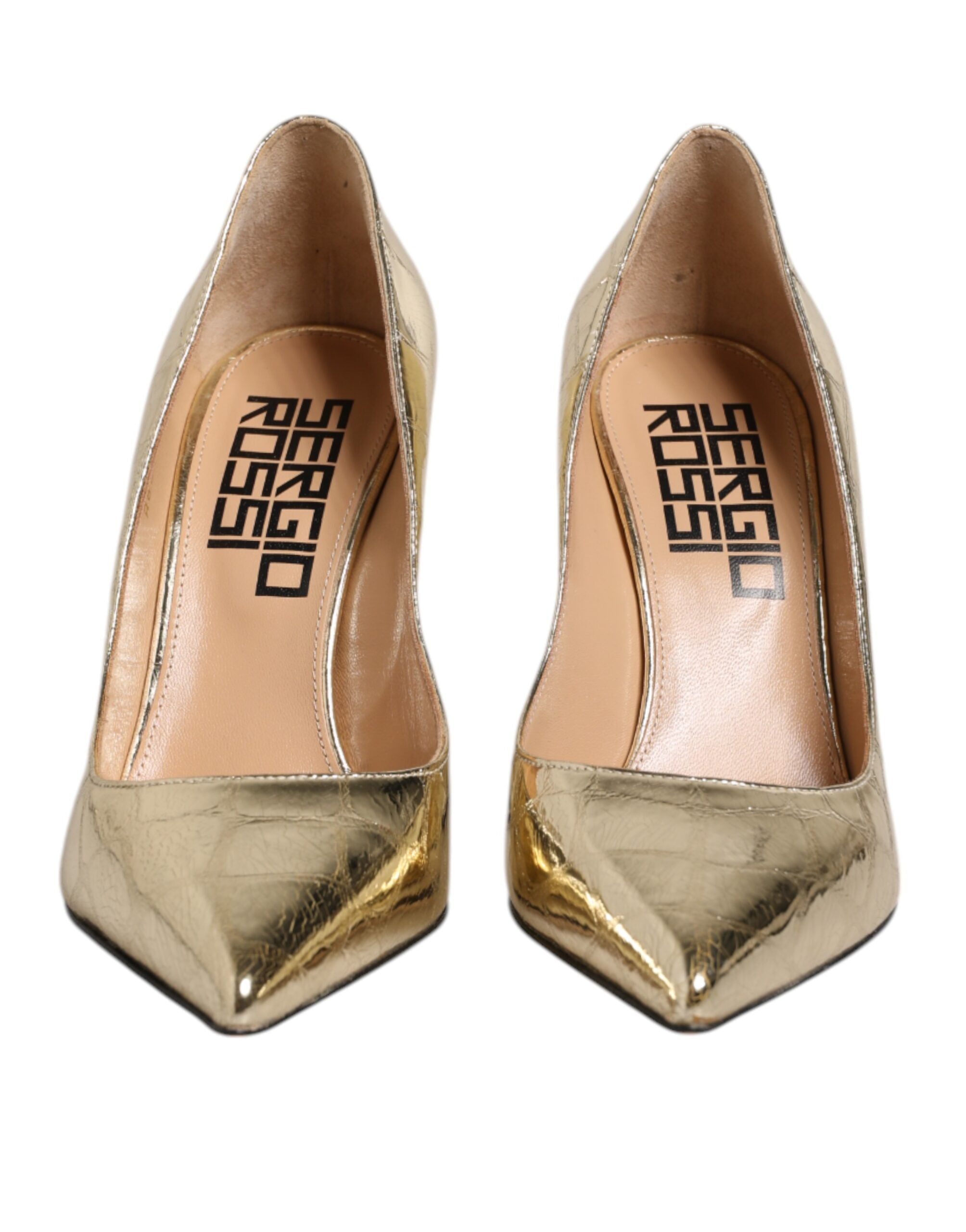 Sergio Rossi Gold Leather Pointed Toe Block Heels Shoes