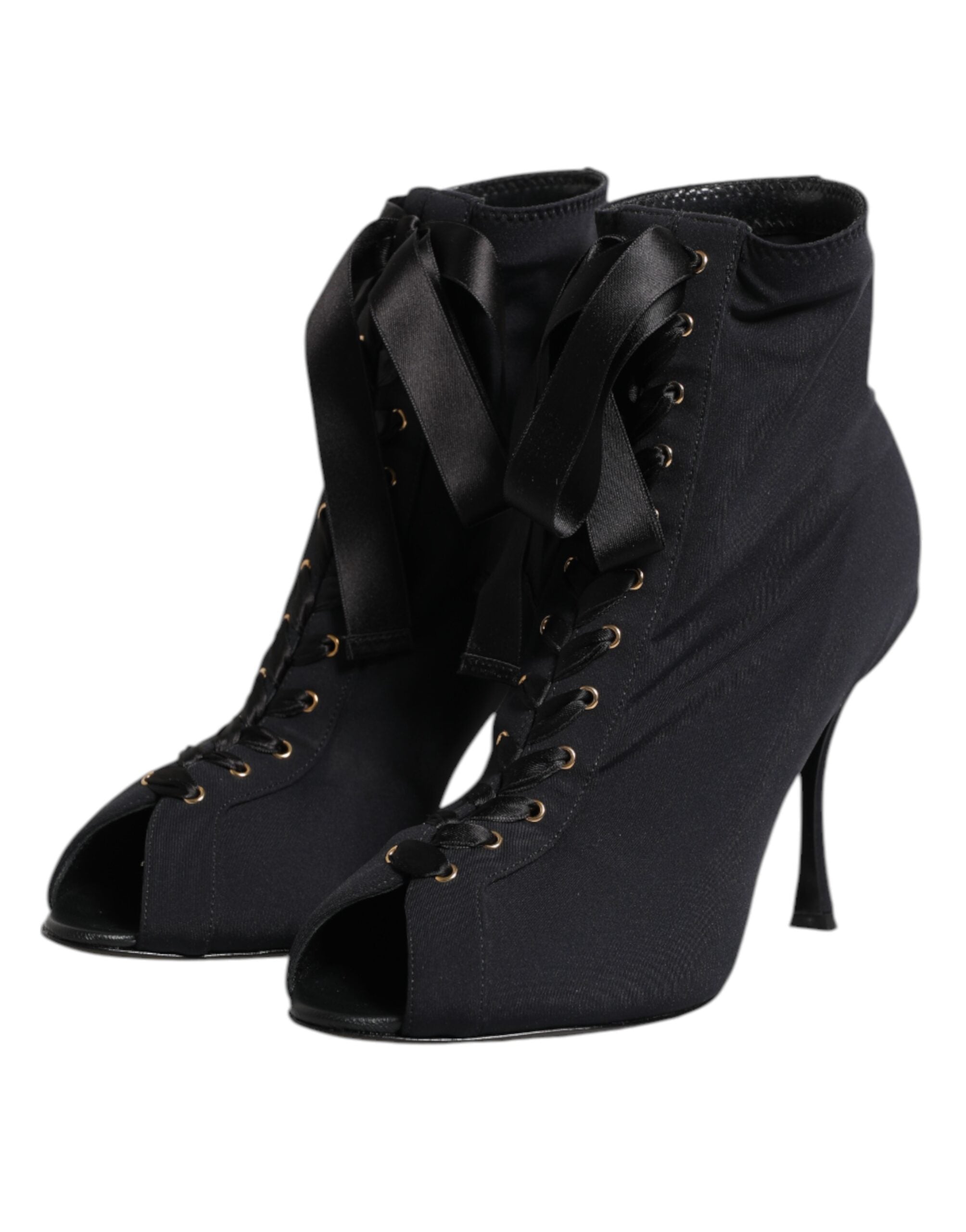Dolce & Gabbana Black Stiletto Heels Lace Up Boots Shoes