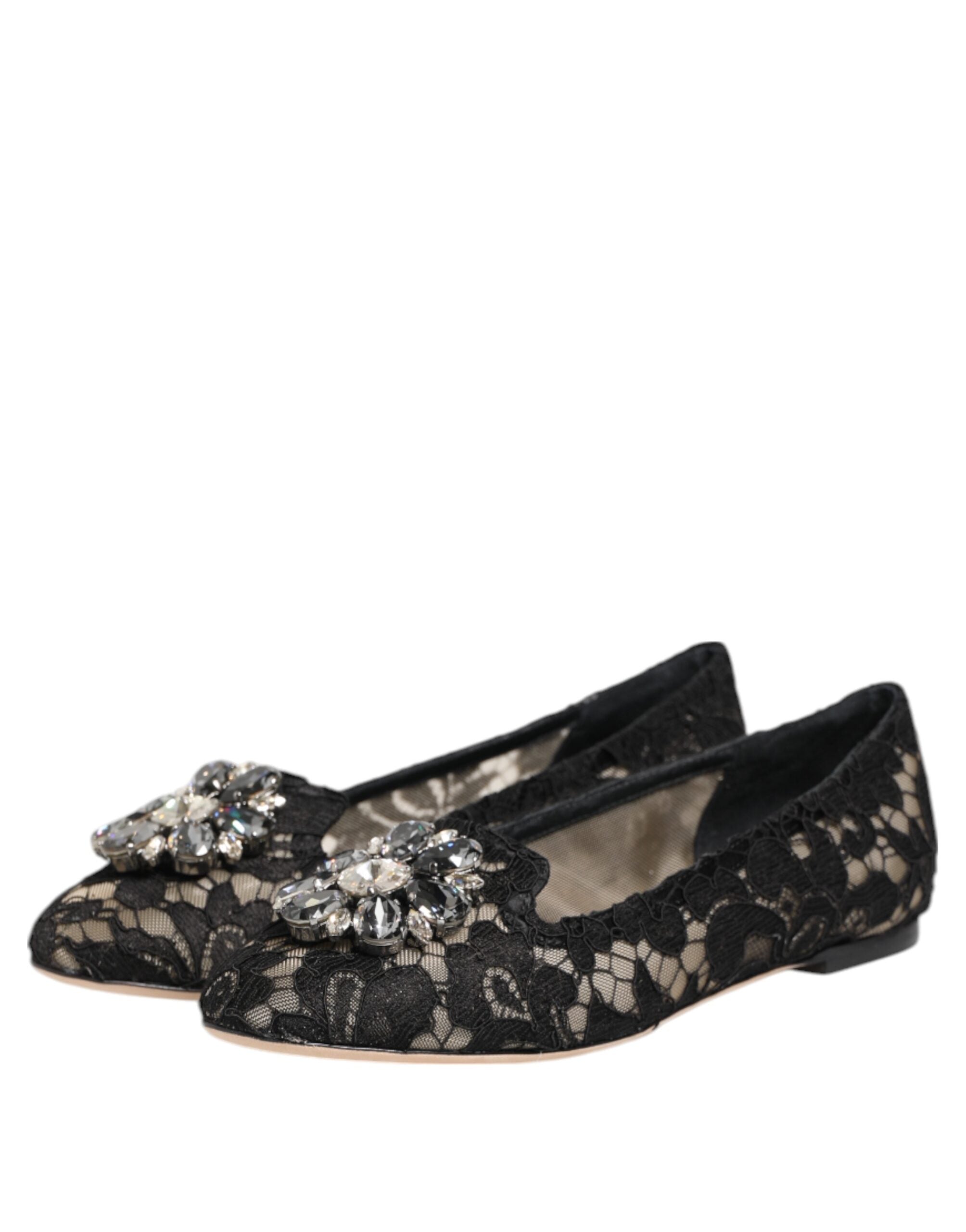 Dolce & Gabbana Black Taormina Lace Crystals Flats Shoes