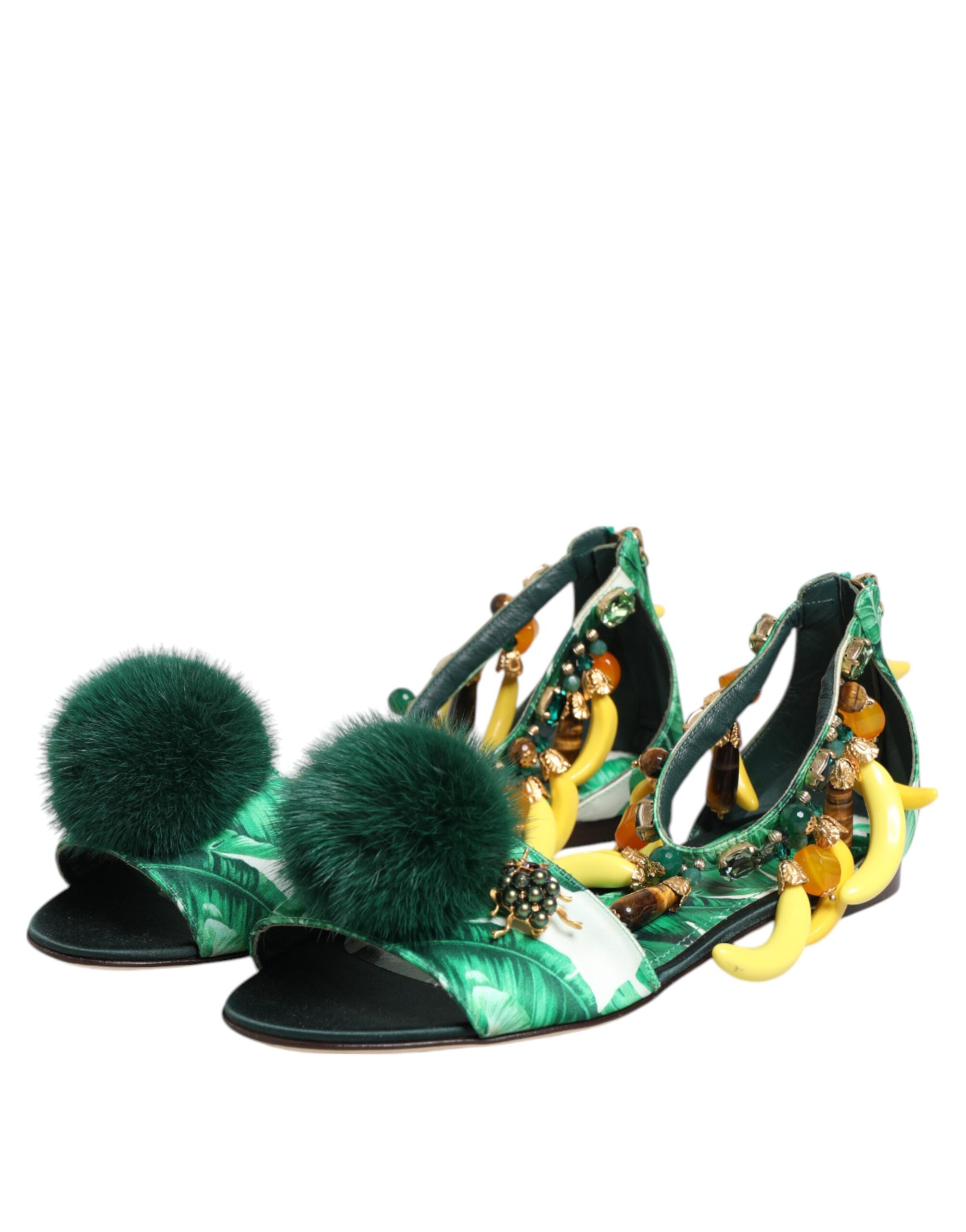 Dolce & Gabbana Green Mink Fur Satin Banana Leaf Sandals Shoes
