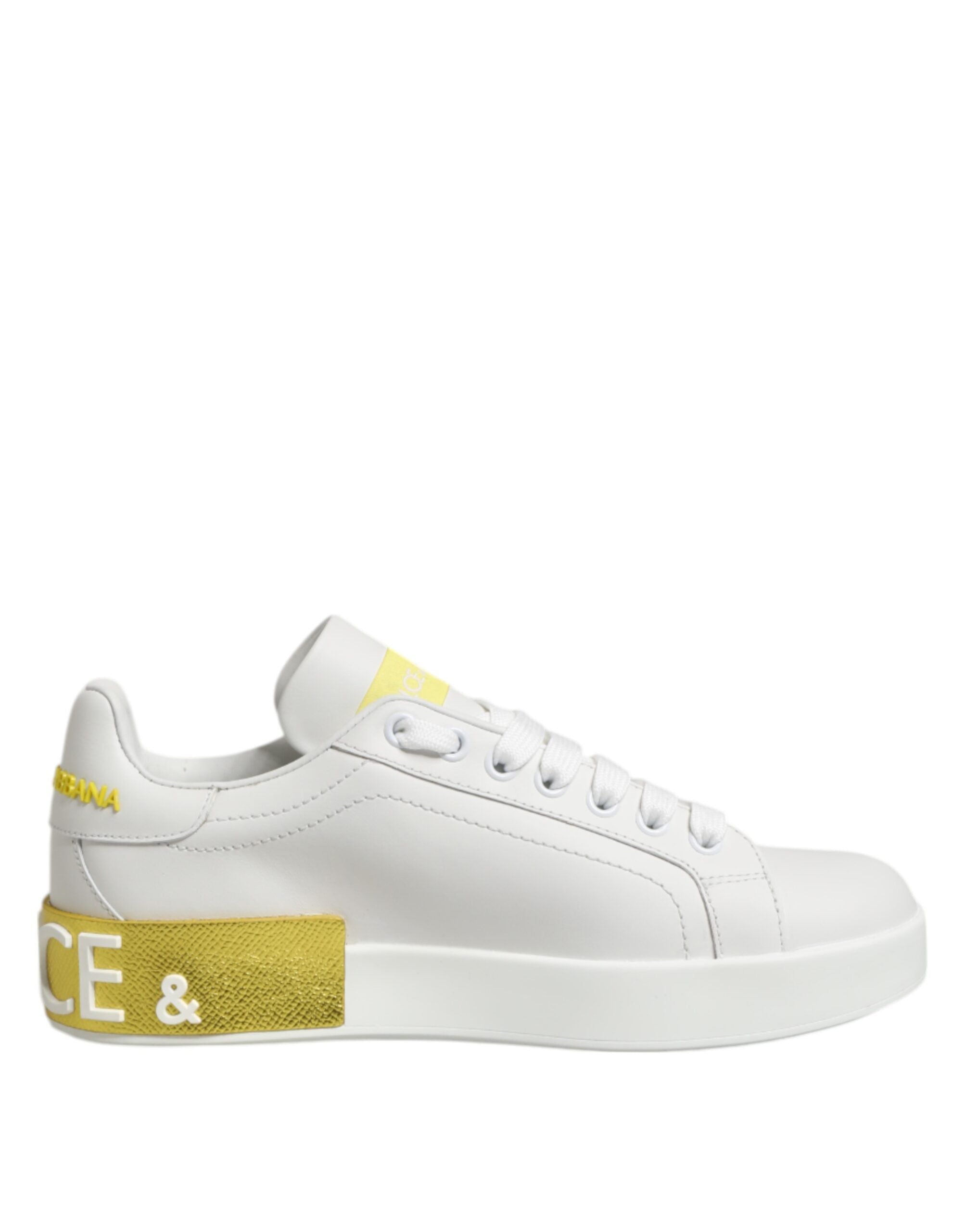 Dolce & Gabbana White Yellow Leather Low Top Sneakers Shoes