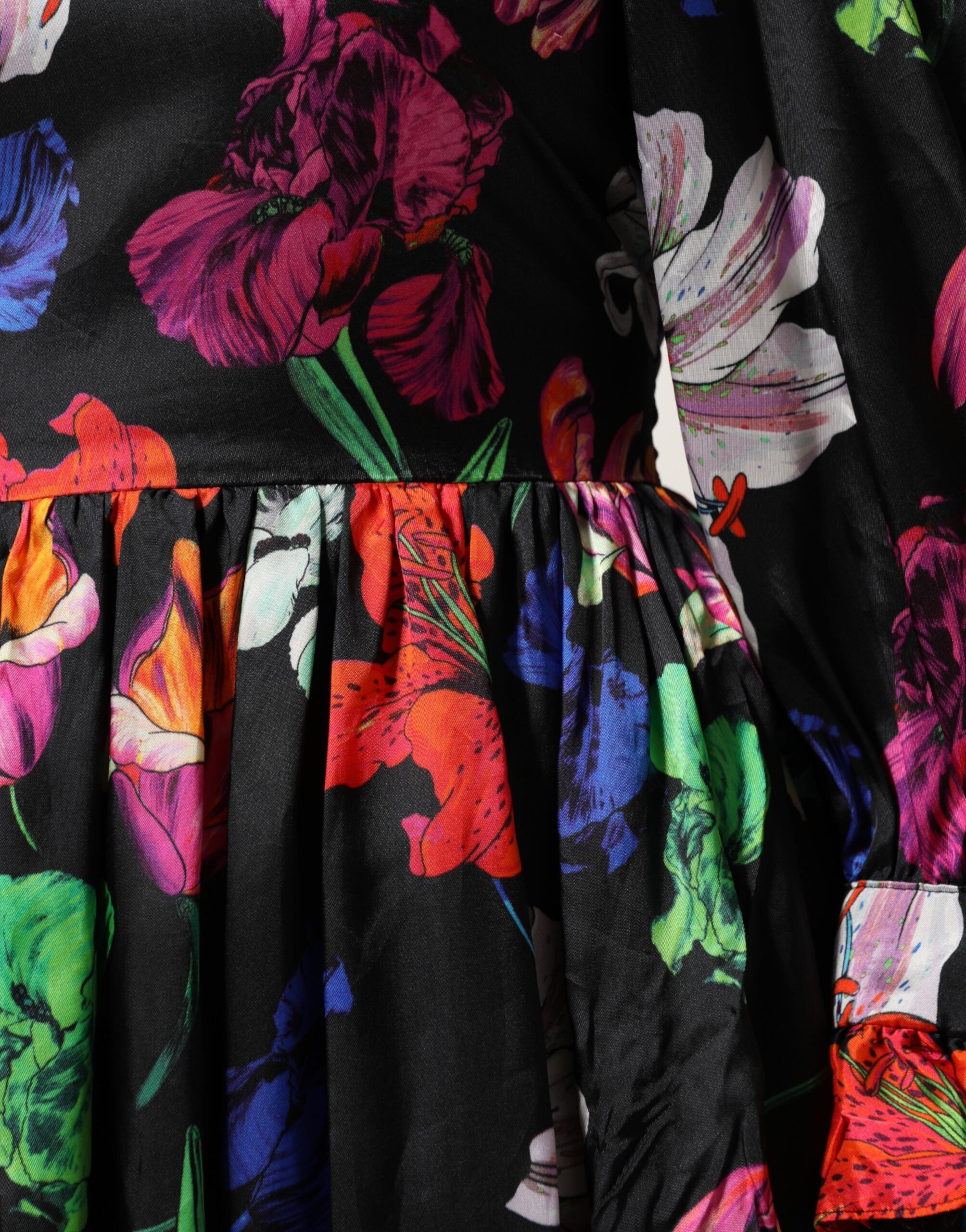 MSGM Dress Black Multicolor Floral Ruffle Long Sleeve Mini Dress