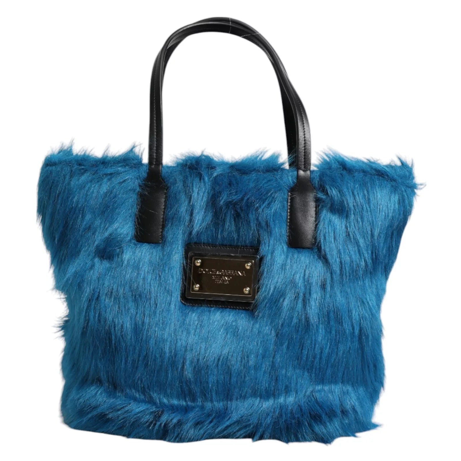 Dolce & Gabbana Blue Fur Logo Plaque Double Handle Shoulder Bag