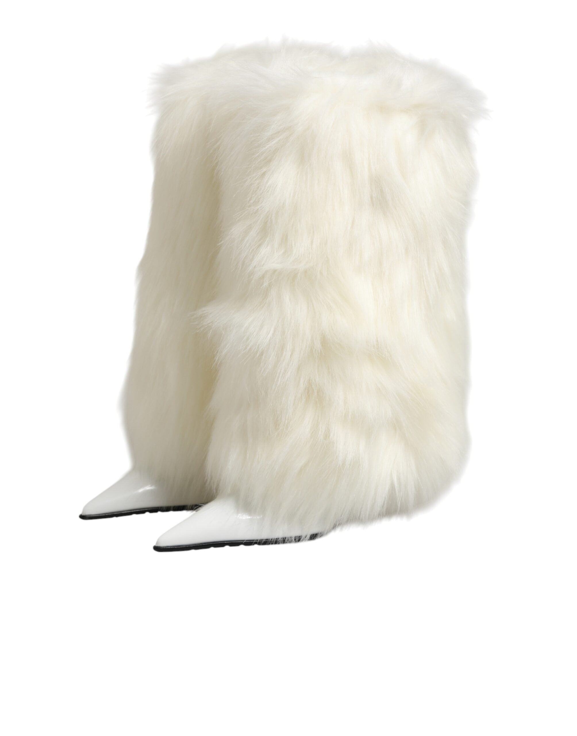 Dolce & Gabbana White Fur Pointed Knee High Stiletto Boots Shoes