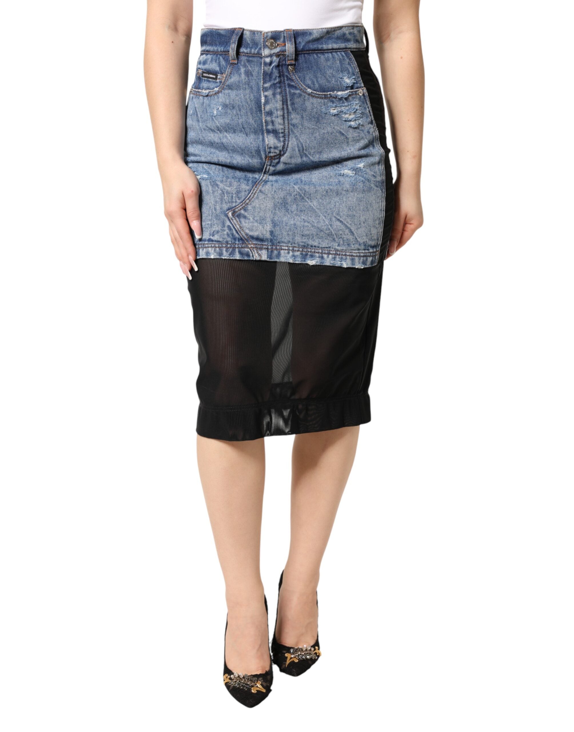 Dolce & Gabbana Blue Black Cotton Denim Sheer Midi Skirt