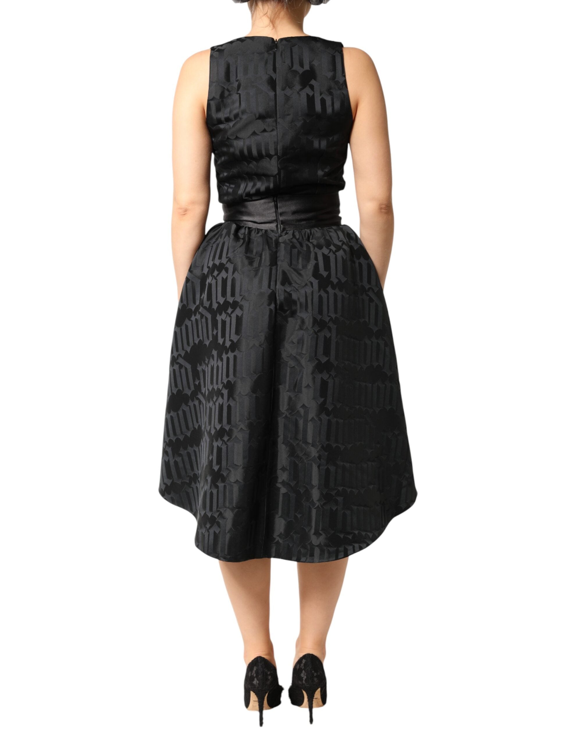 John Richmond Black Jacquard Deep V-neck Sleeveless 2 Pc Dress