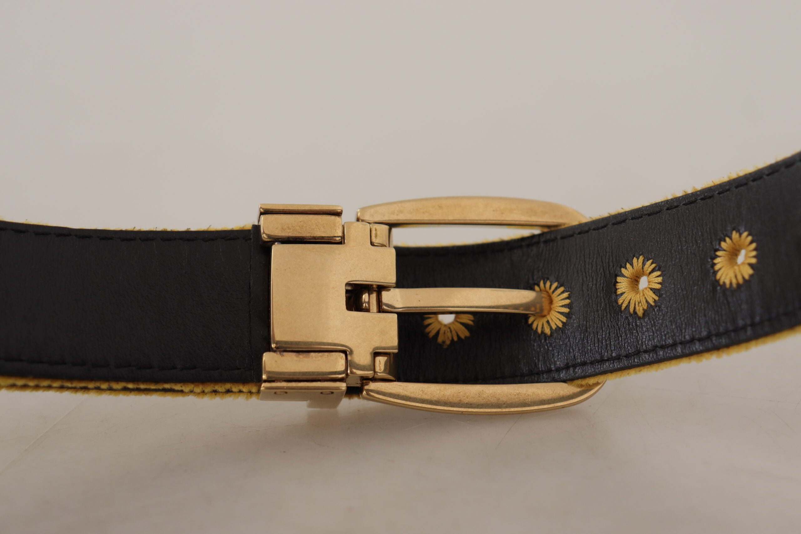 Dolce & Gabbana Mustard Velvet Gold Logo Engraved Metal Buckle Belt
