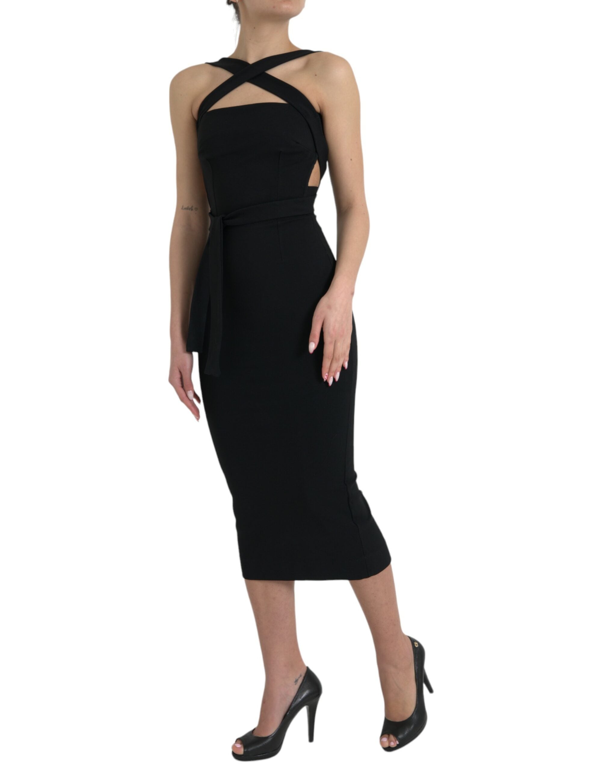 Dolce & Gabbana Black Sheath Halter Sleeveless Midi Dress
