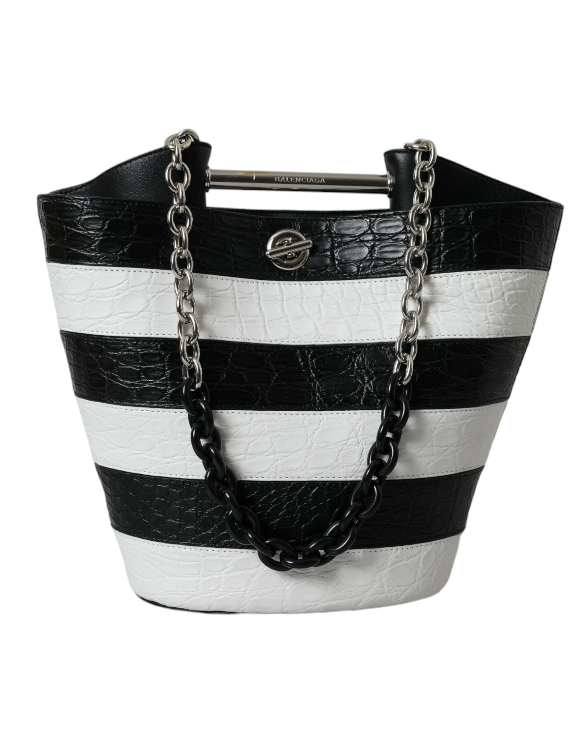Balenciaga Black White Striped Exotic Skin Leather Maxi Bucket Tote Bag
