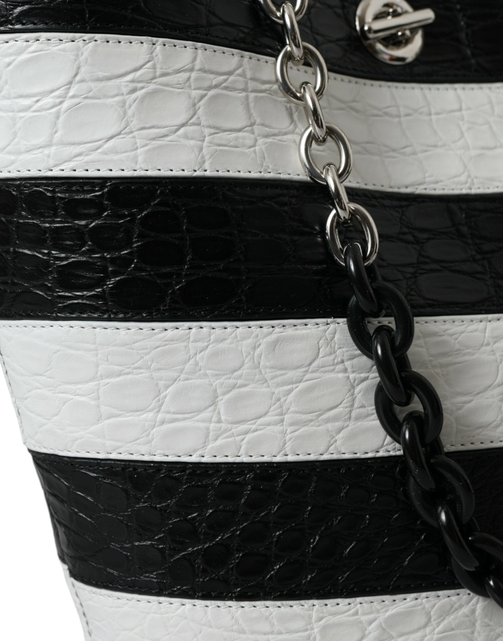 Balenciaga Black White Striped Exotic Skin Leather Maxi Bucket Tote Bag
