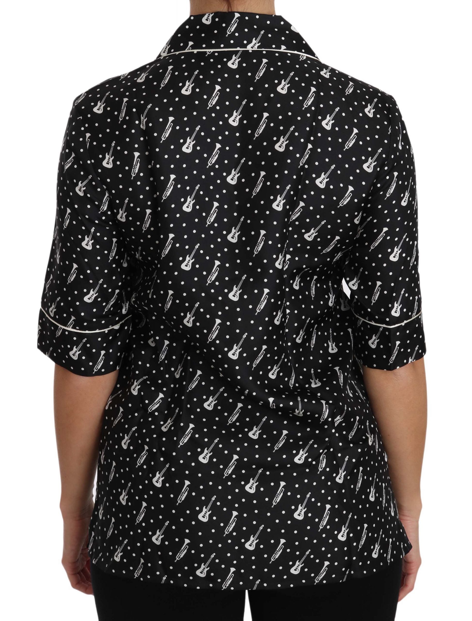 Dolce & Gabbana Black GuitarTrumpet Print Silk Shirt Top