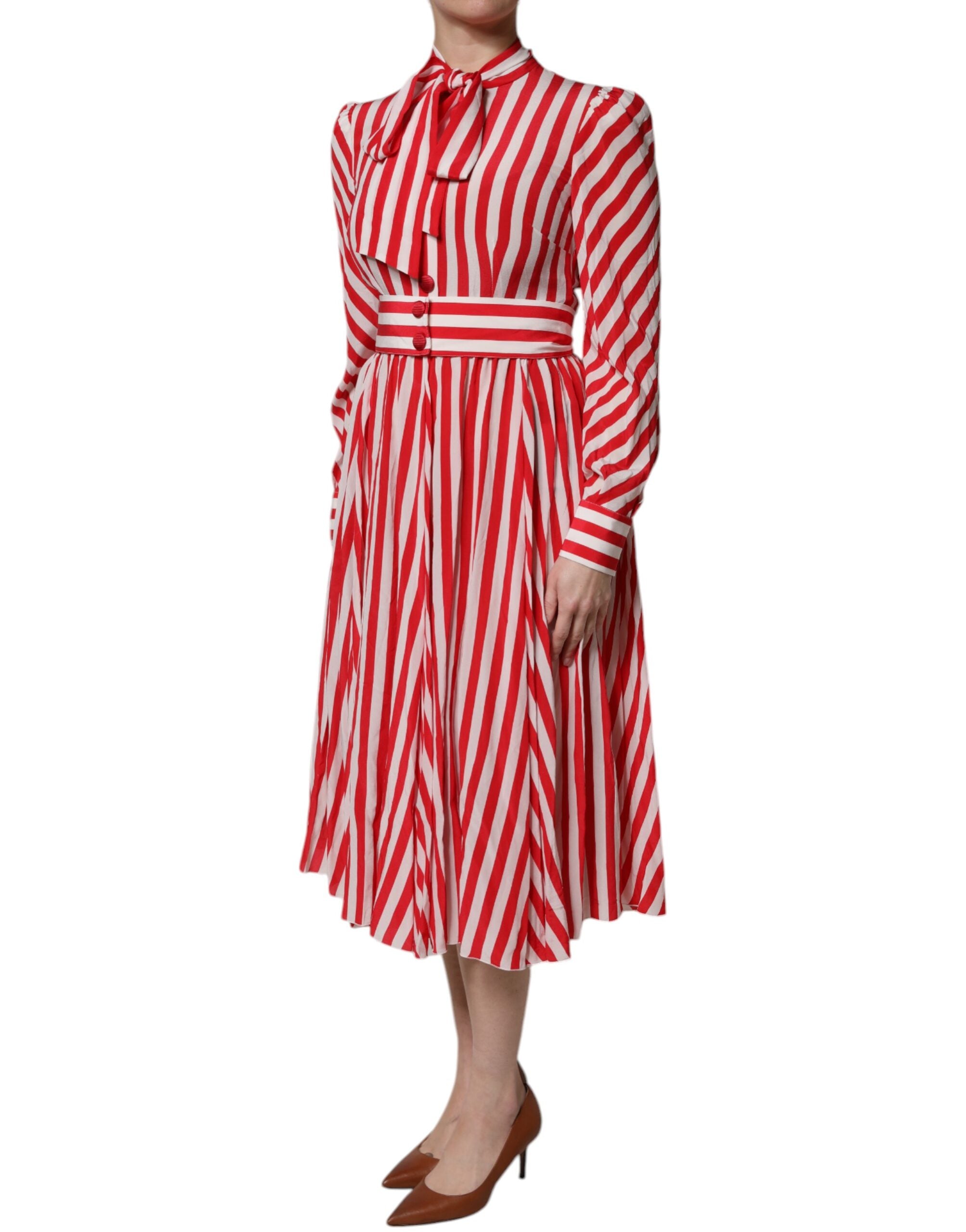 Dolce & Gabbana White Red Stripes Long Sleeves Midi Dress