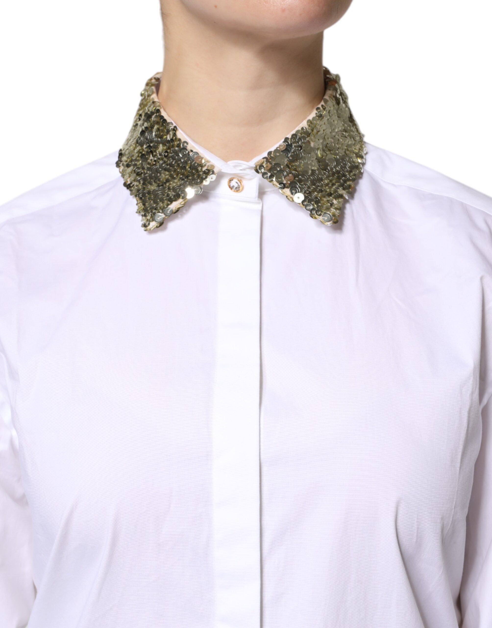 Dolce & Gabbana White Cotton Long Sleeves Sequin Shirt Top