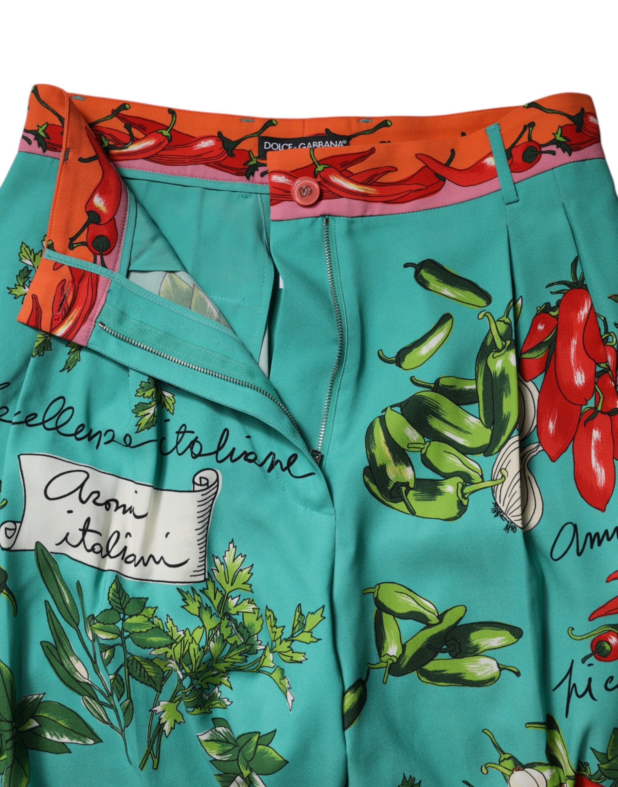 Dolce & Gabbana Green Silk Printed Straight Pants