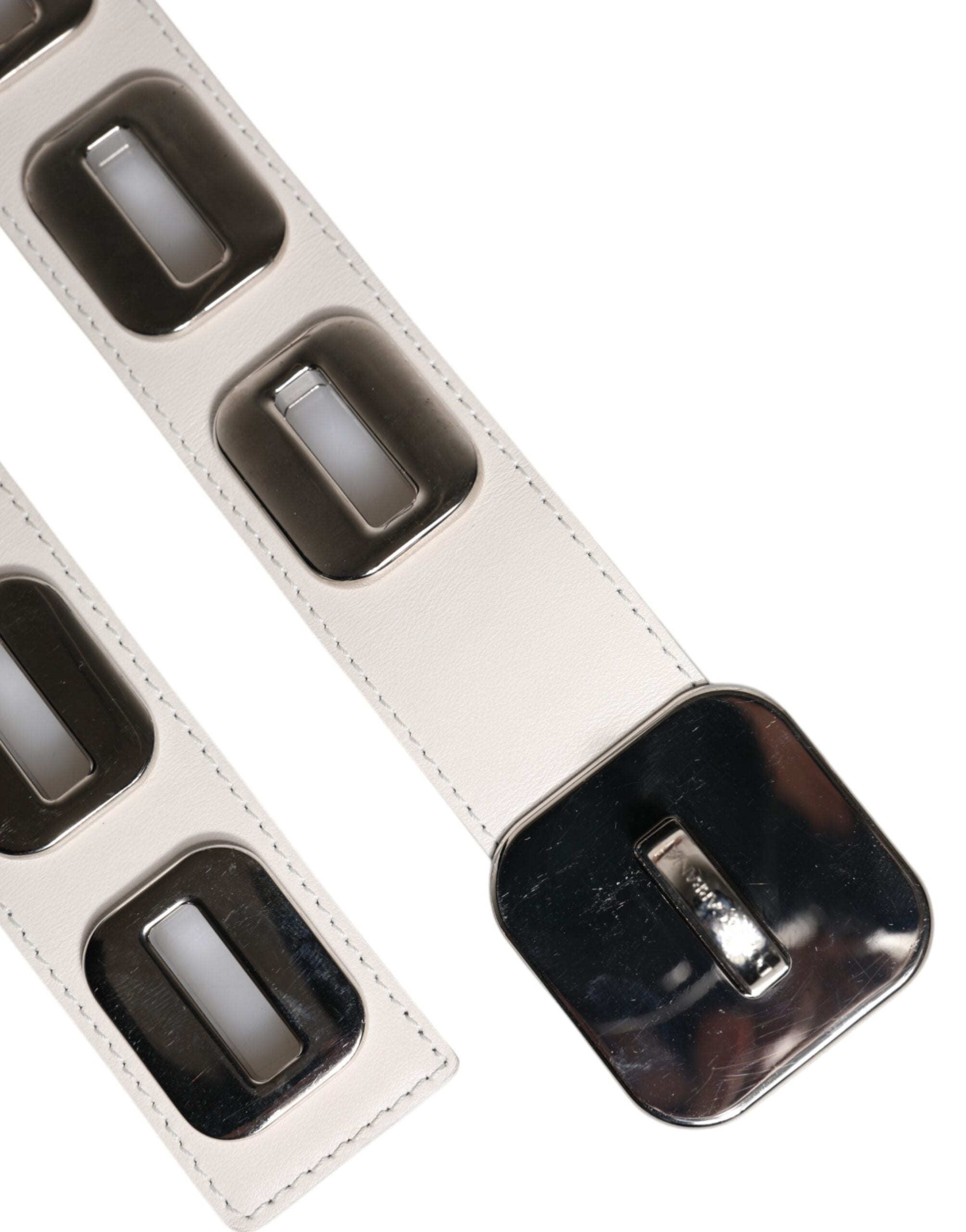 Dolce & Gabbana White Leather Gold Tone Rotating Buckle Belt