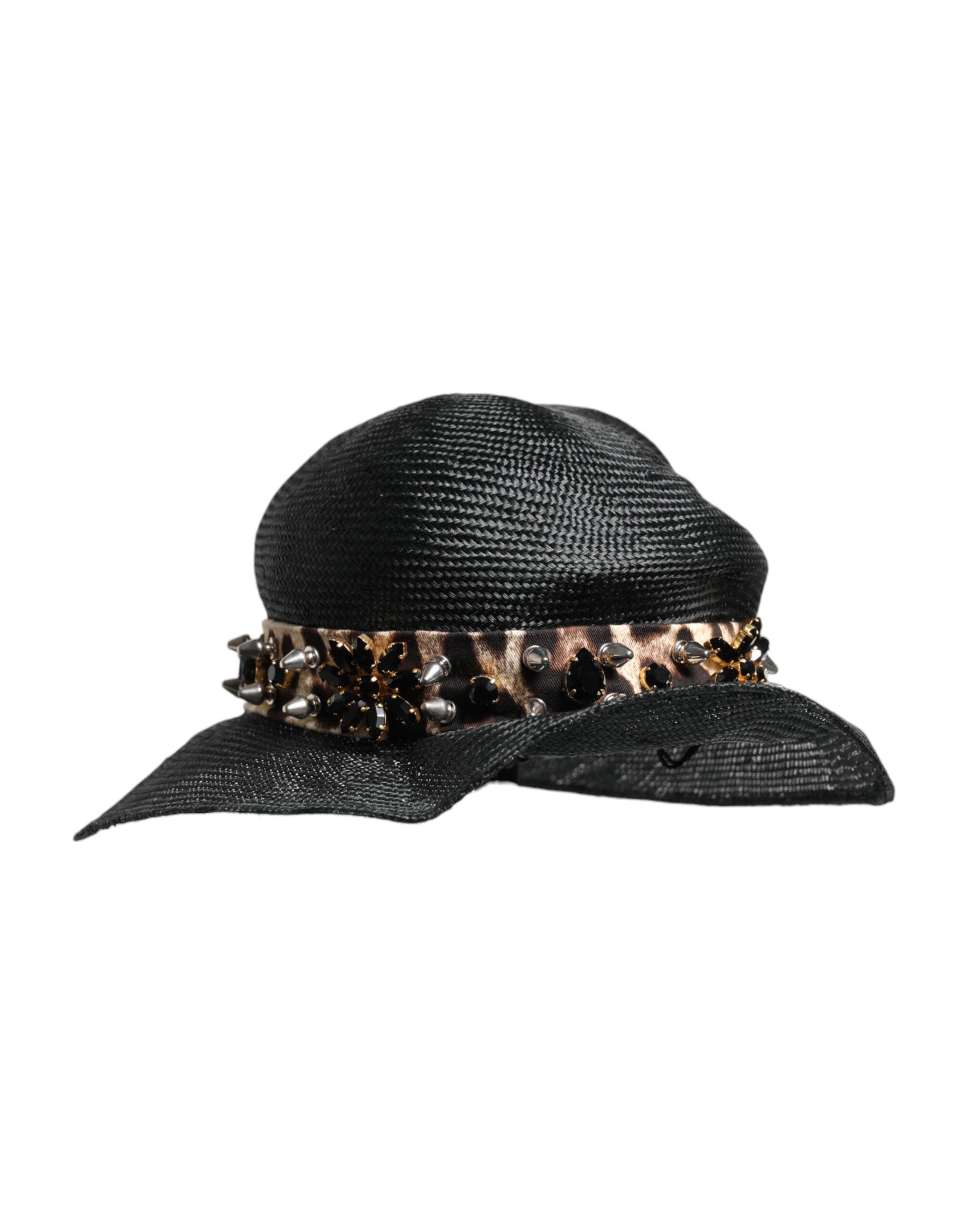 Dolce & Gabbana Black Straw Crystal Embellished Wide Brim Hat