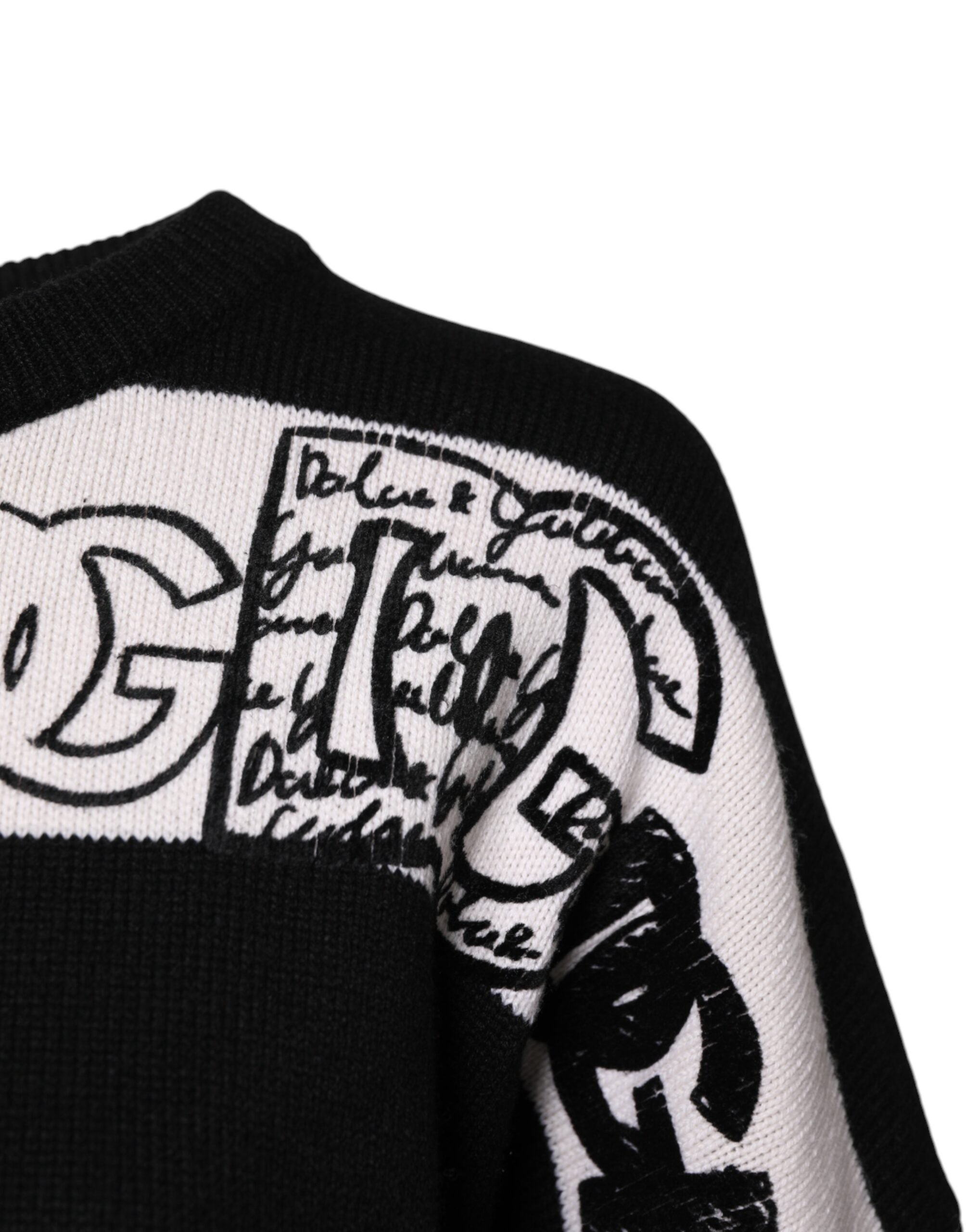 Dolce & Gabbana Black White Logo Print Wool Pullover Sweater