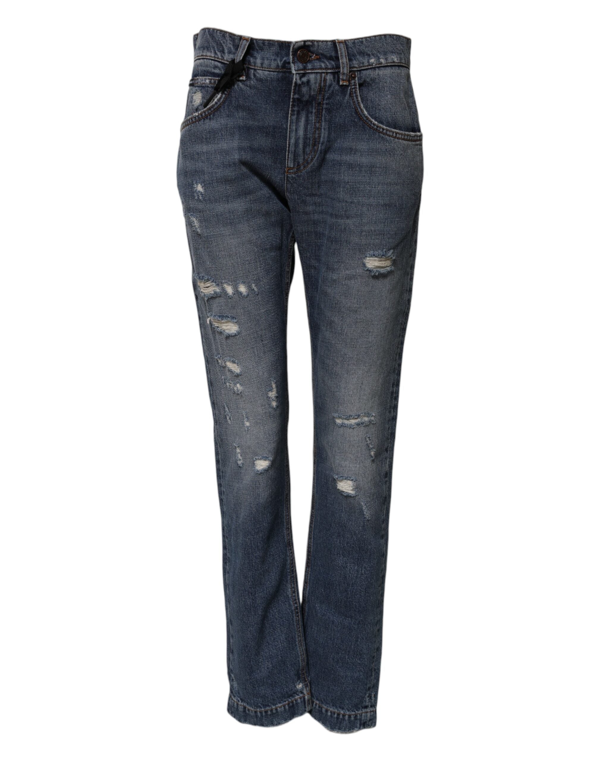 Dolce & Gabbana Blue Cotton Tattered Boyfriend Denim Jeans