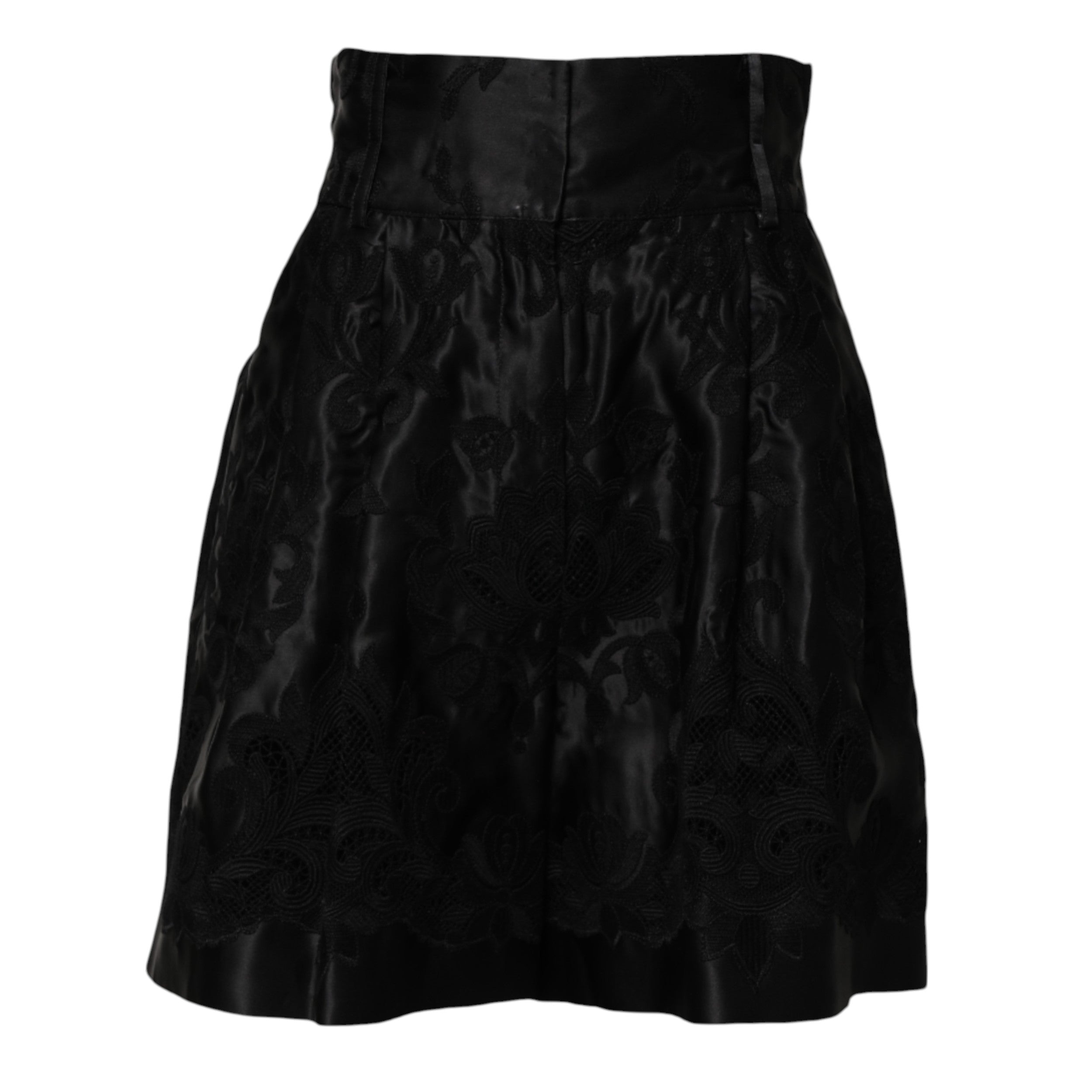 Dolce & Gabbana Black Floral Embroidery Silk High Waist Shorts