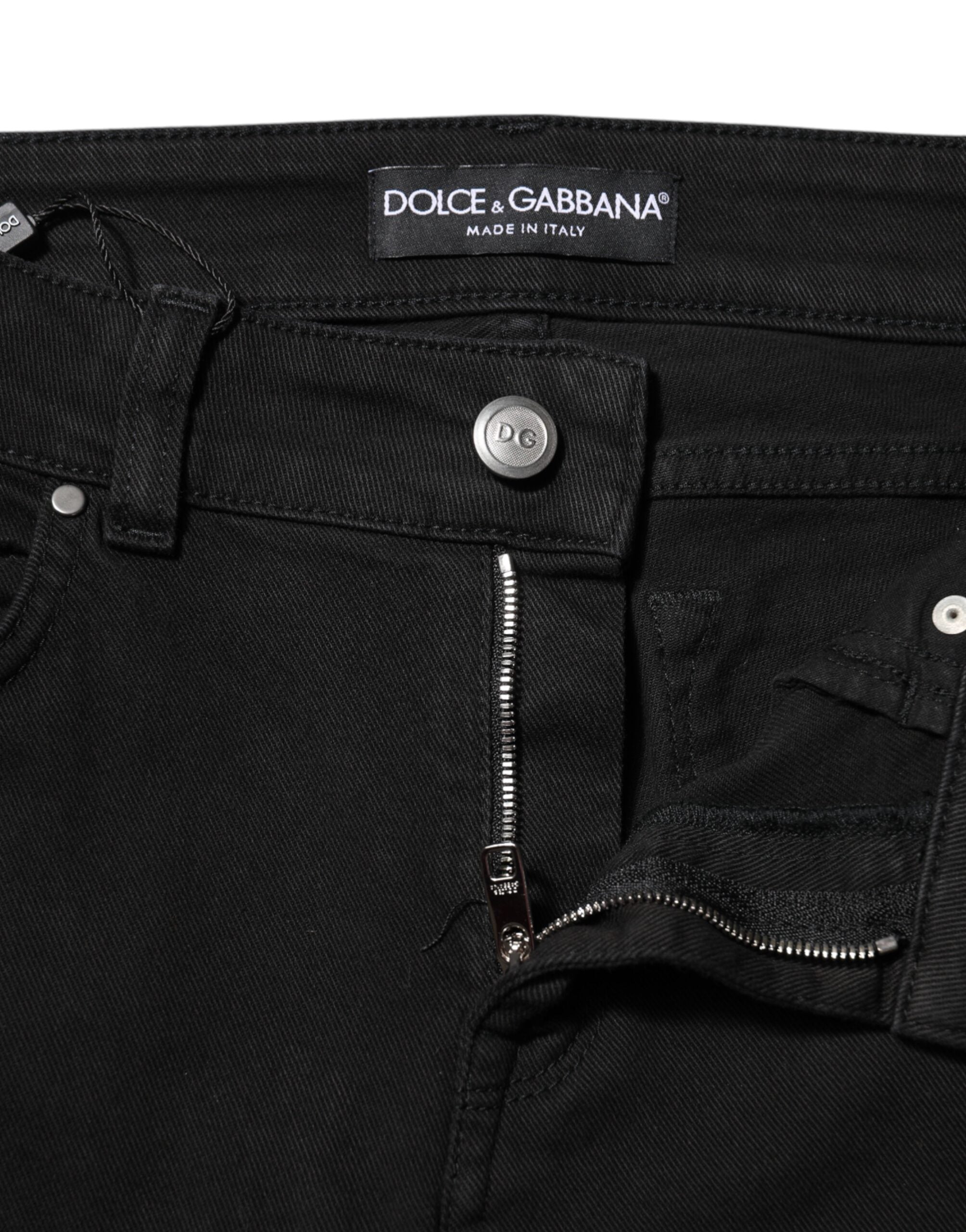 Dolce & Gabbana Black Cotton Logo Skinny Mid Waist Denim Jeans