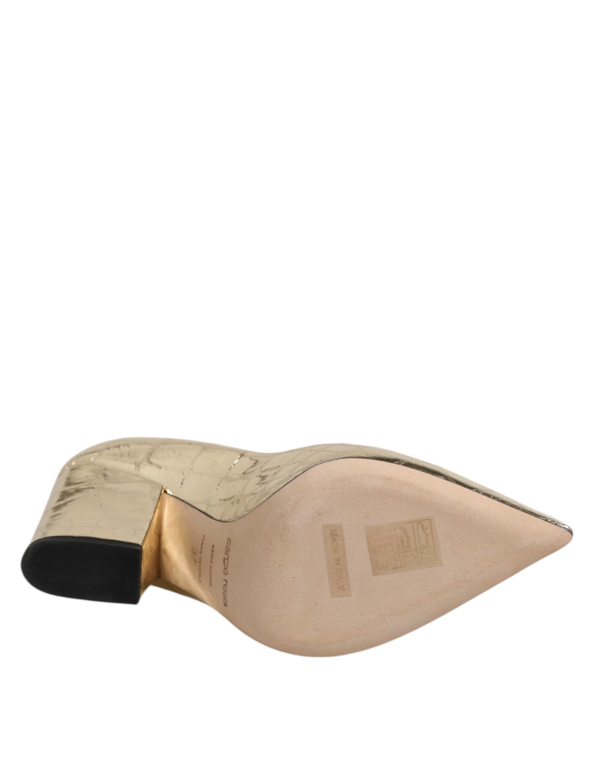 Sergio Rossi Gold Leather Pointed Toe Block Heels Shoes