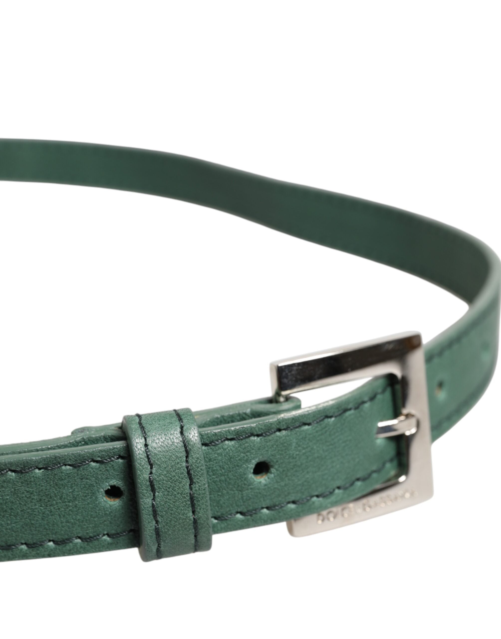 Dolce & Gabbana Dark Green Leather Silver Metal Buckle Belt