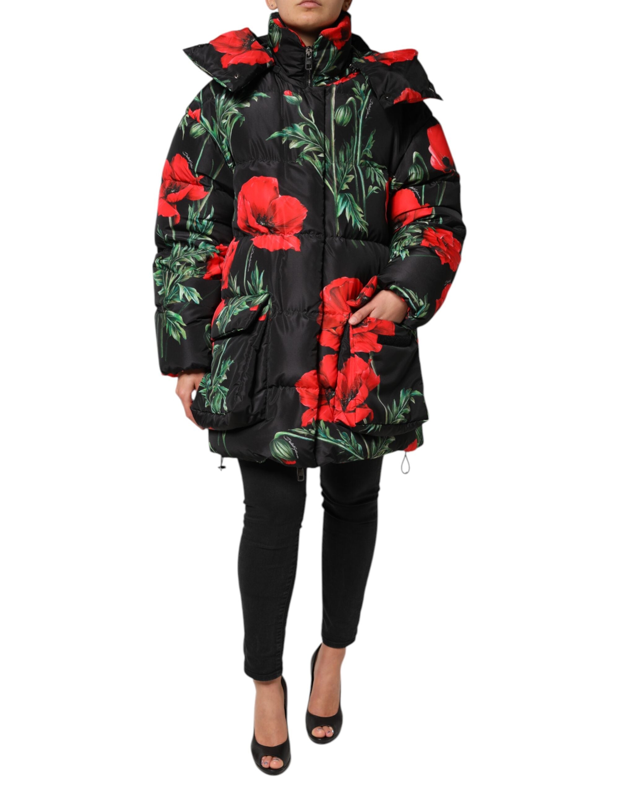 Dolce & Gabbana Black Floral Polyester Hooded Quilted Jacket