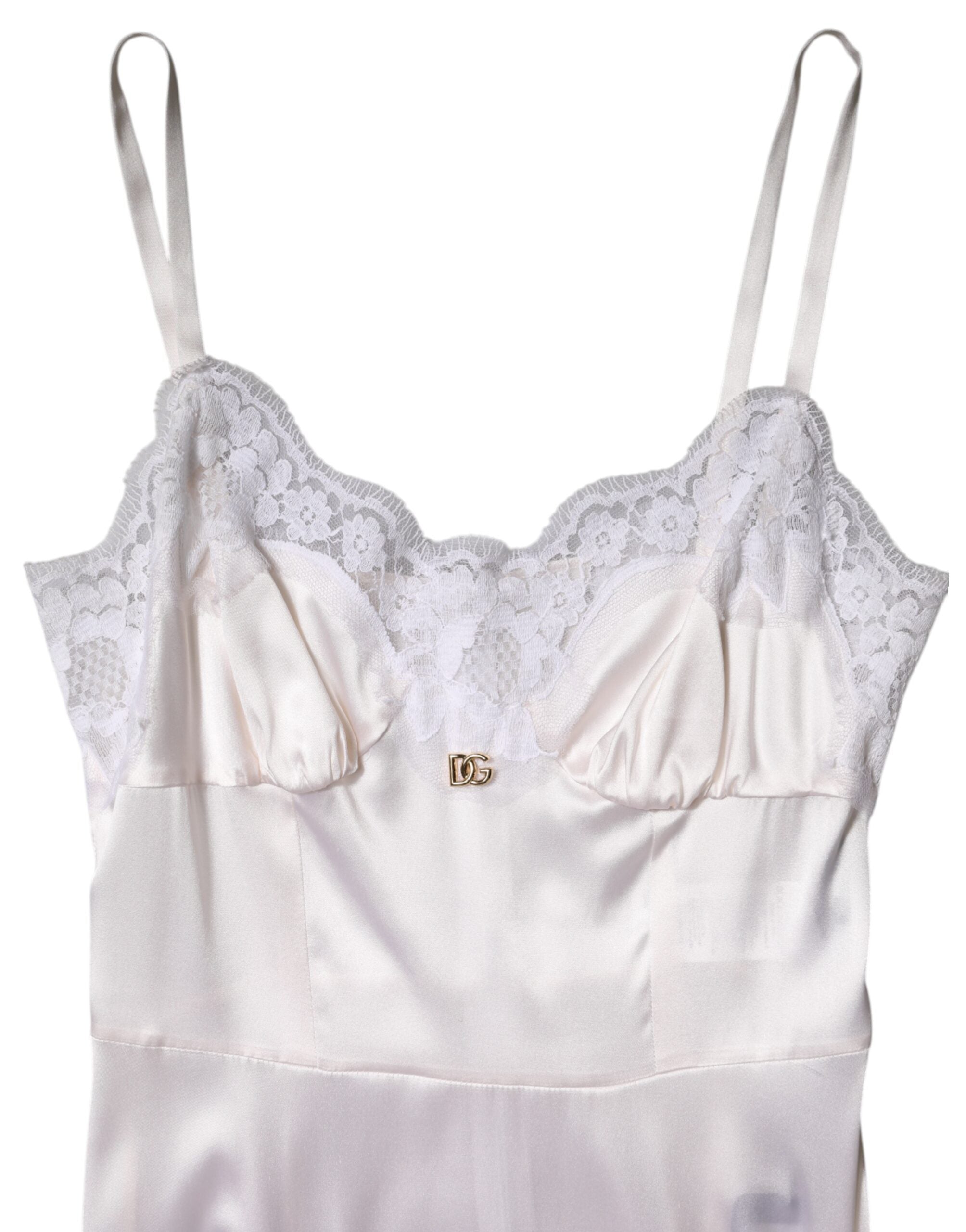 Dolce & Gabbana White Lace Gold DG Logo Silk Dress Sleepwear