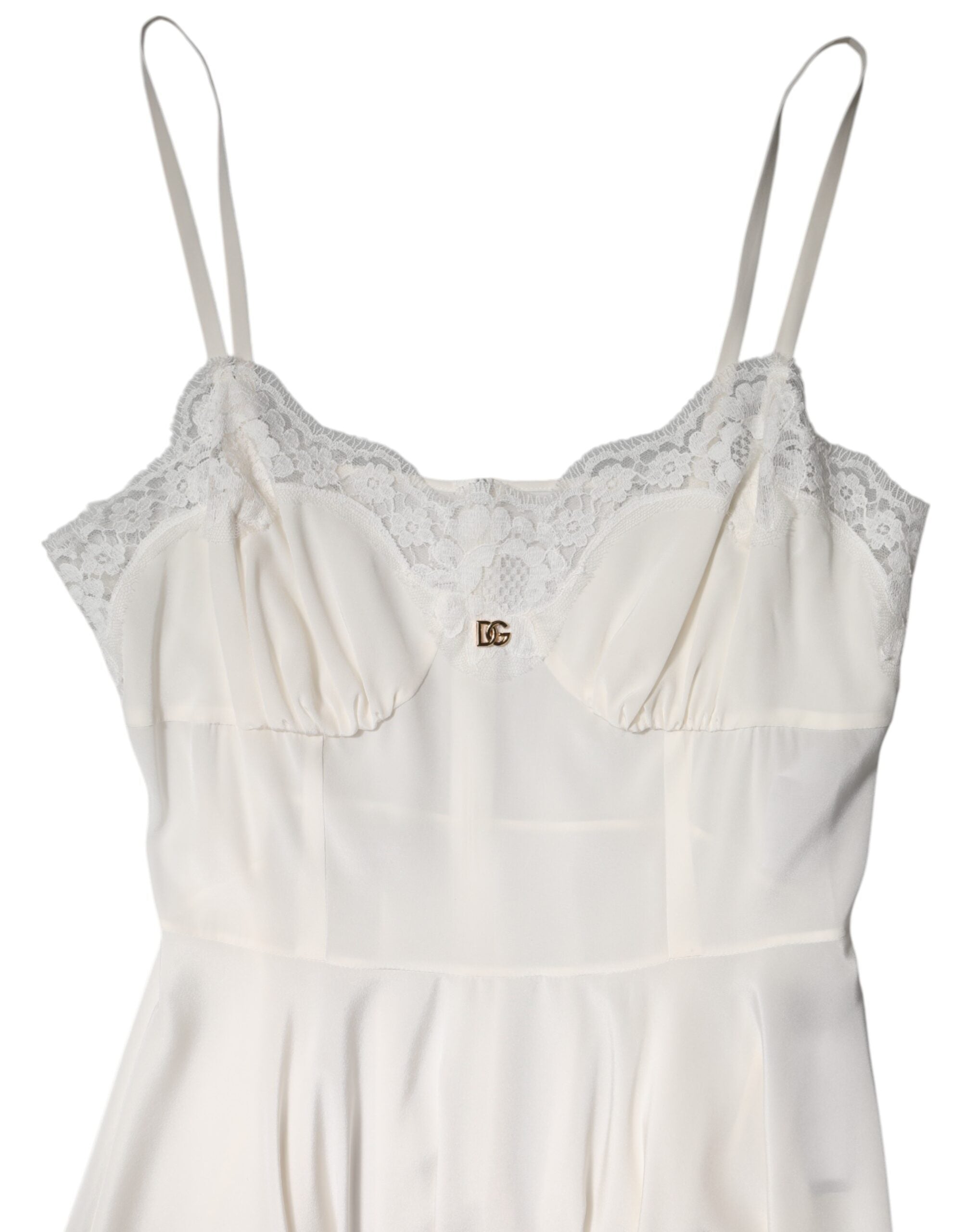 Dolce & Gabbana White Lace Gold DG Logo Silk Dress Sleepwear