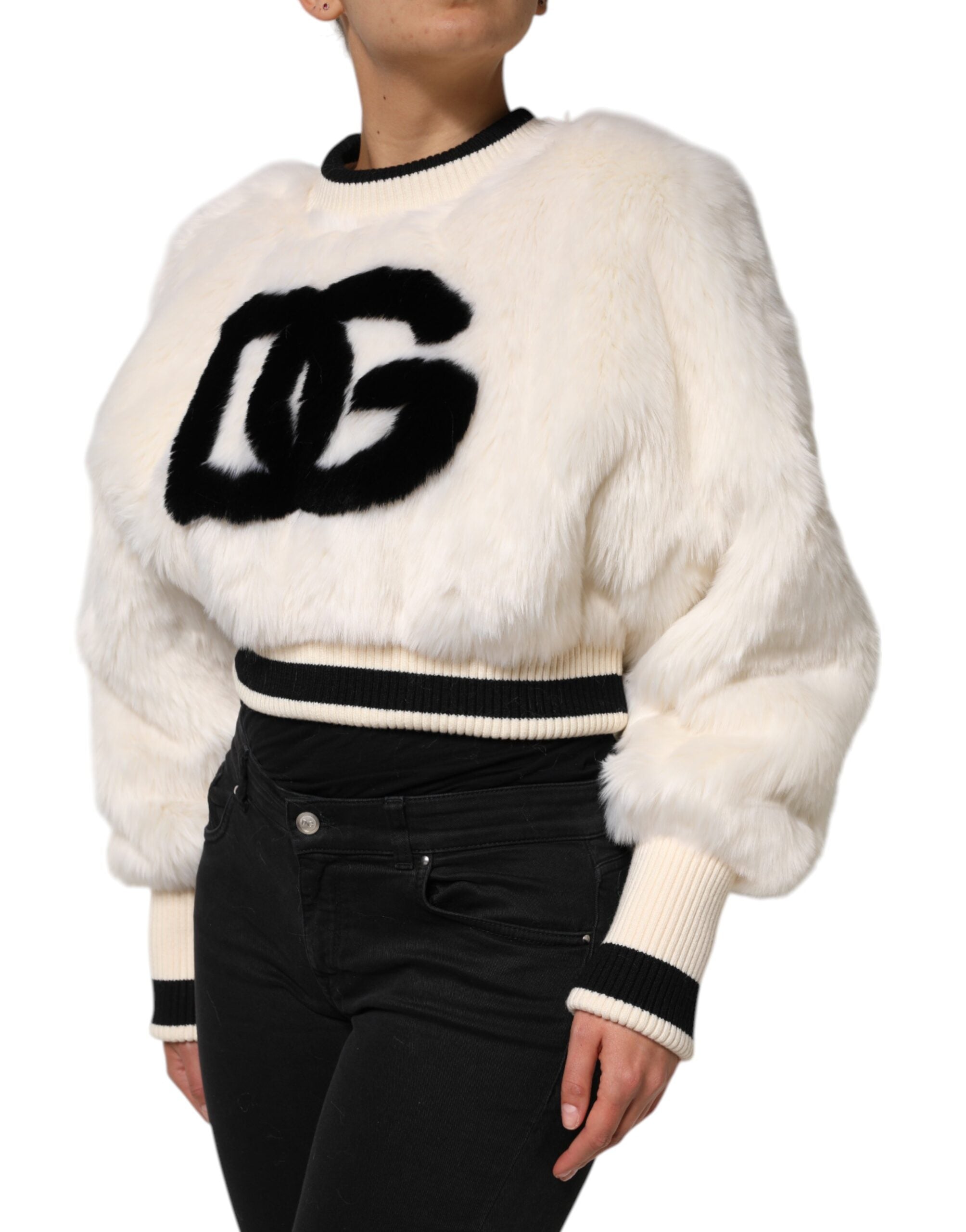 Dolce & Gabbana White Cropped Faux Fur DG Sweatshirt Sweater