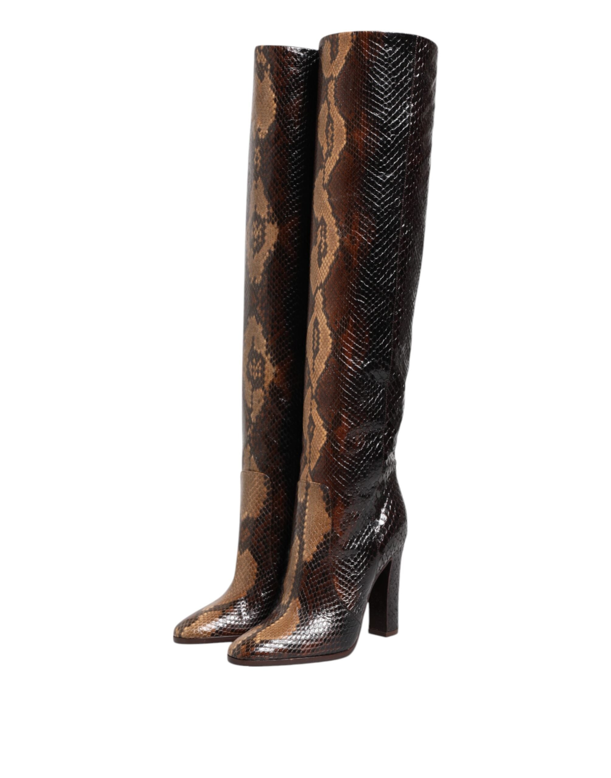 Dolce & Gabbana Brown Python Snakeskin Print Riding Boots Shoes